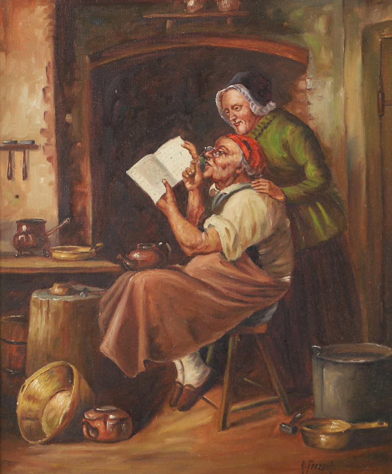 OIDENTIFIERAD KONSTNÄR. Högläsning i köket, olja på duk, signerad A. Ferraut.