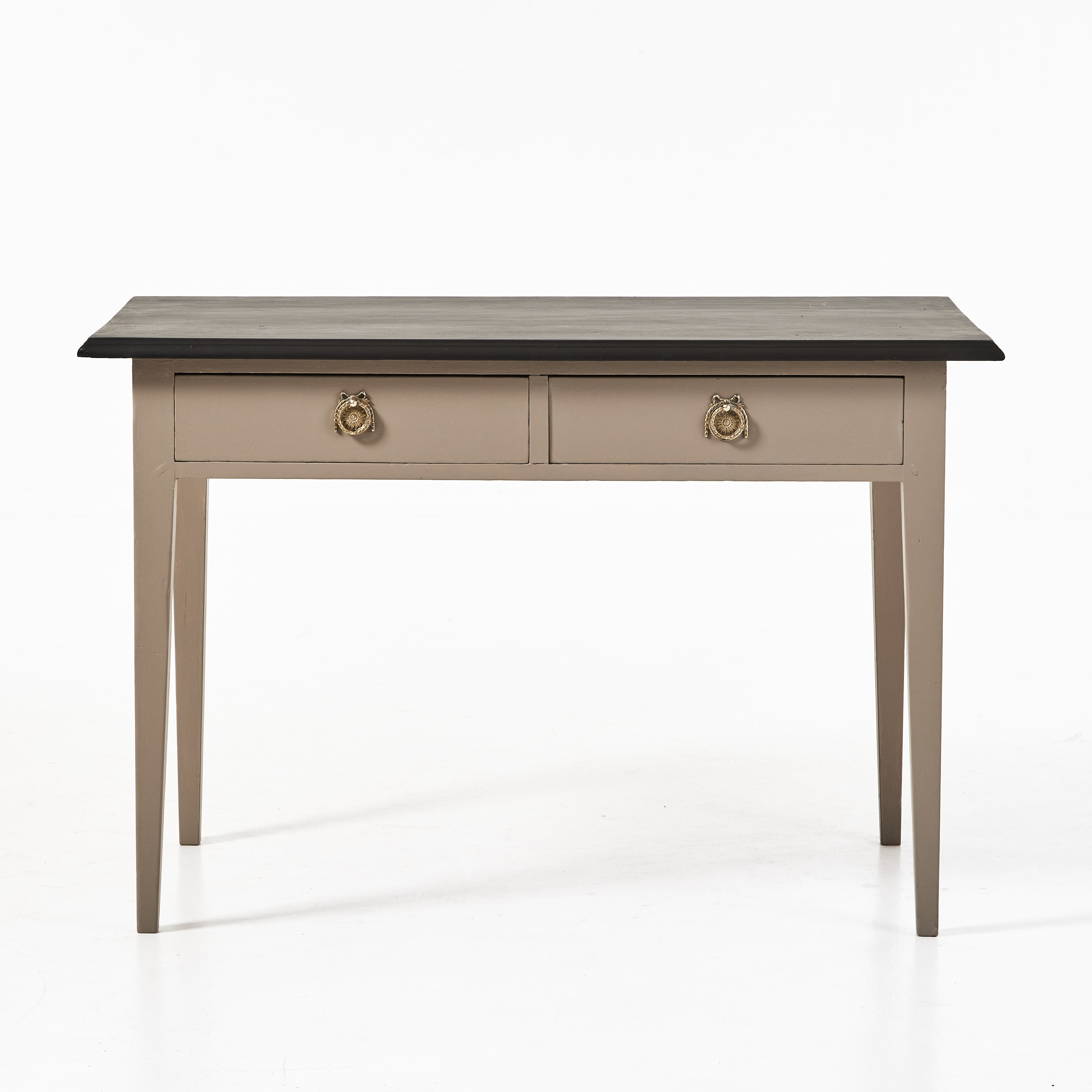 SKRIVBORD, 1900-talets början, svartmålad skrivskiva, två lådor med beslag i gustaviansk stil.