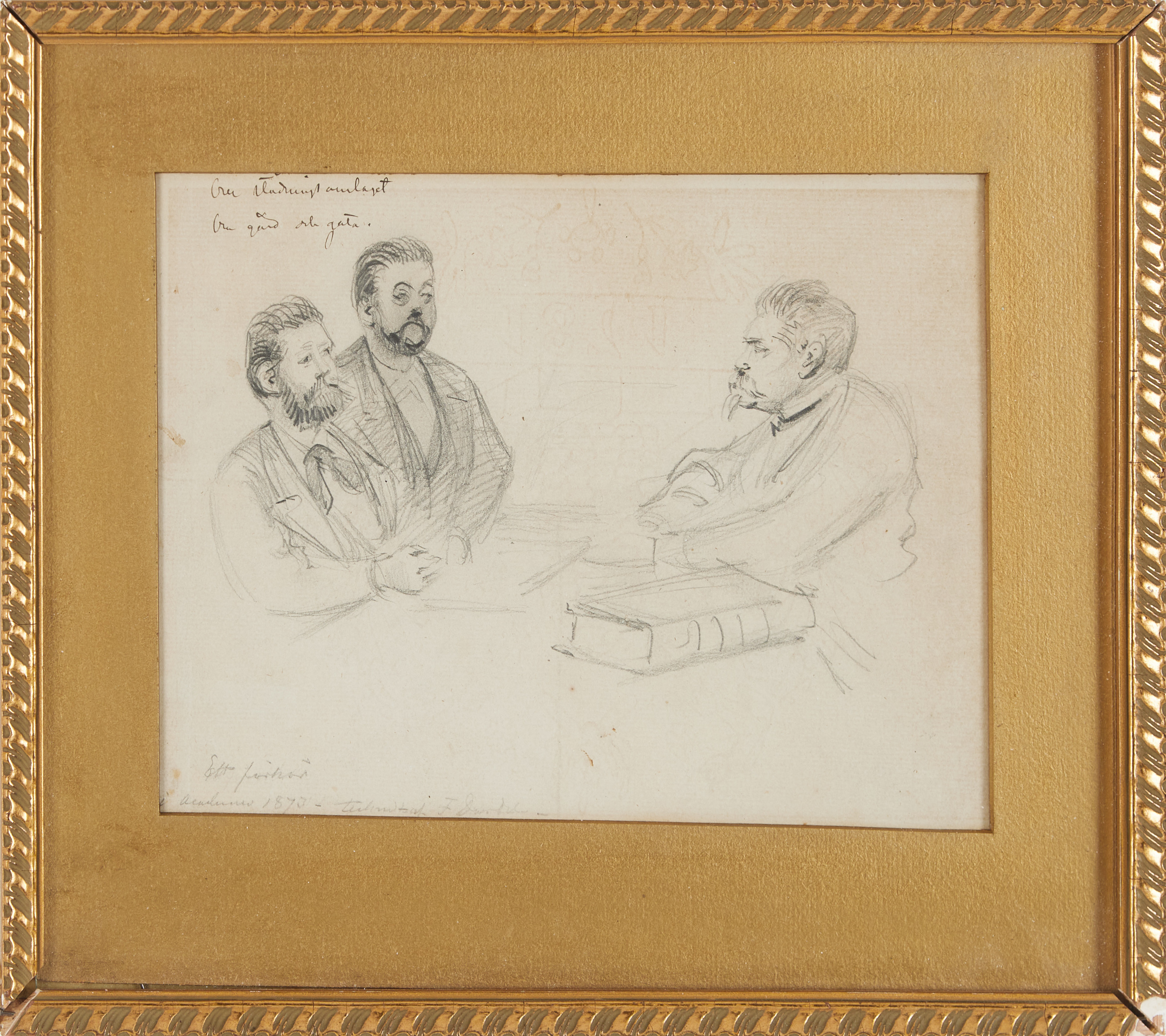 FRITZ VON DARDEL. Ett förhör i Akademien 1873, teckning, signerad "tecknat af F. Dardel".