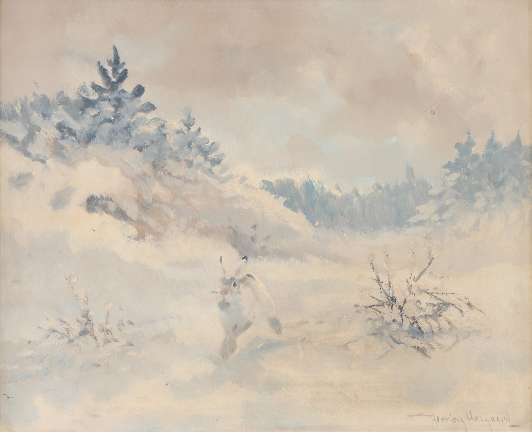 HENNING HOUGAARD. Vinterhare, olja på pannå, signerad.
