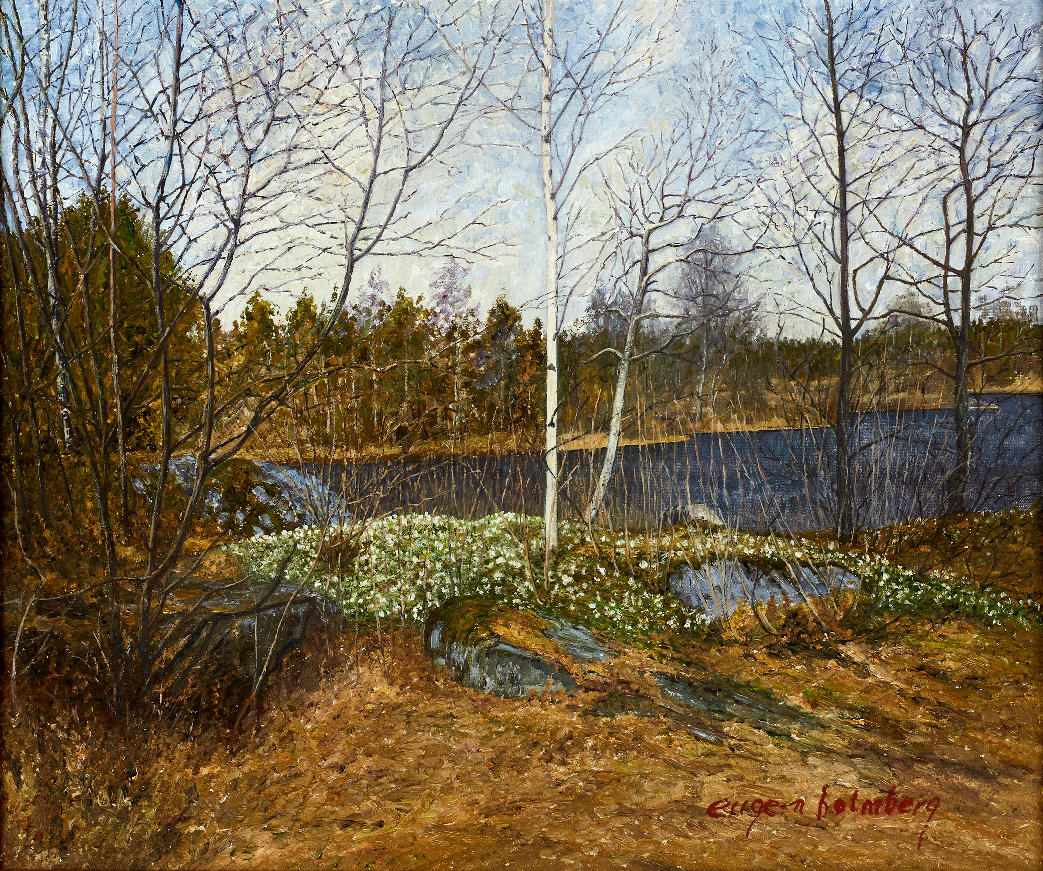 EUGEN HOLMBERG (1911-1993). Vitsippor, signerad, olja på duk.