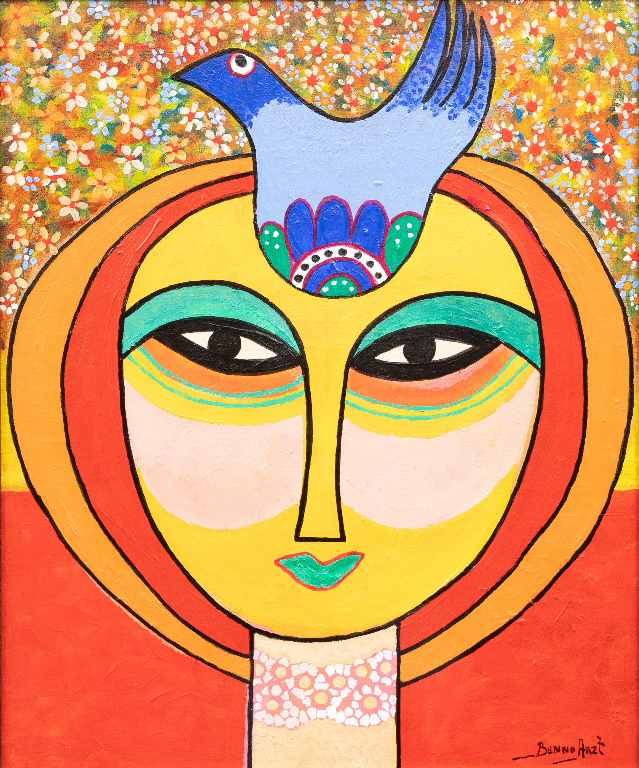 BENNO ARZT. "Flicka med fågel", akryl på duk, signerad.