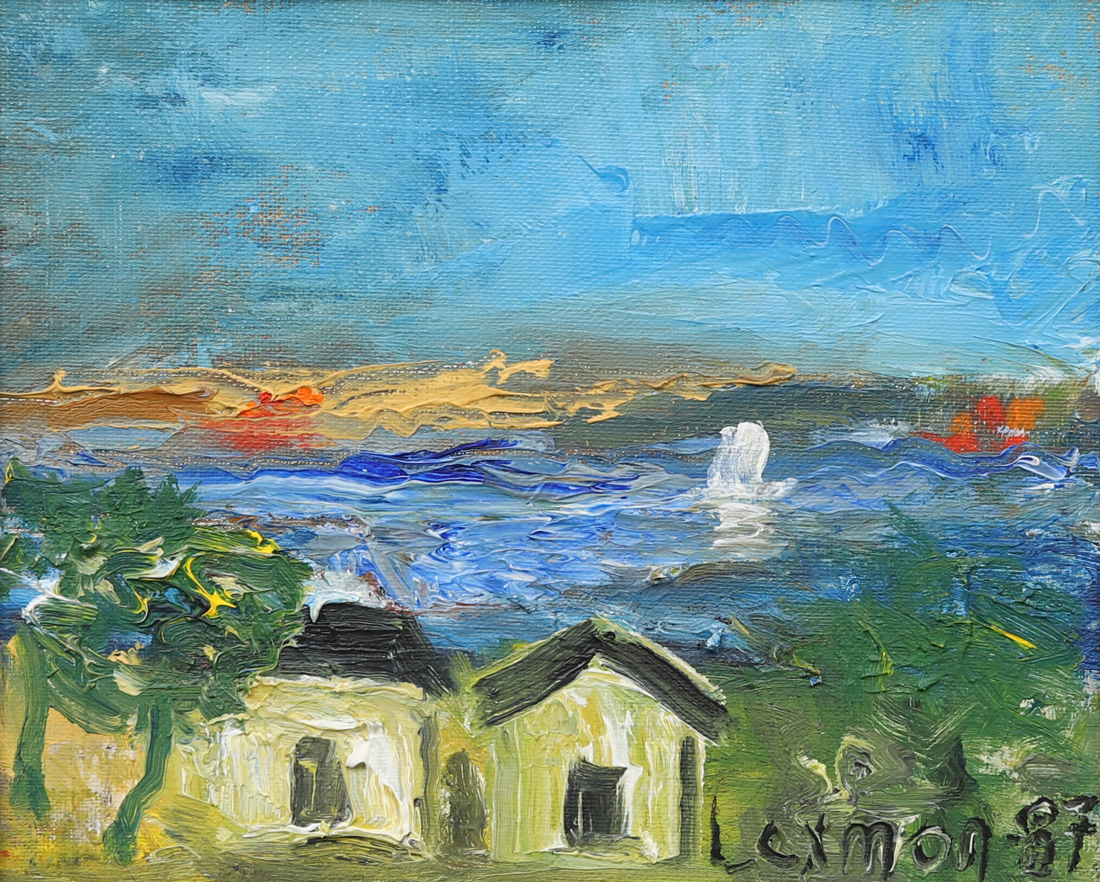 ÅKE LEXMON (FÖDD 1940). Motiv av hus vid vatten, olja på duk, signerad, 1987.