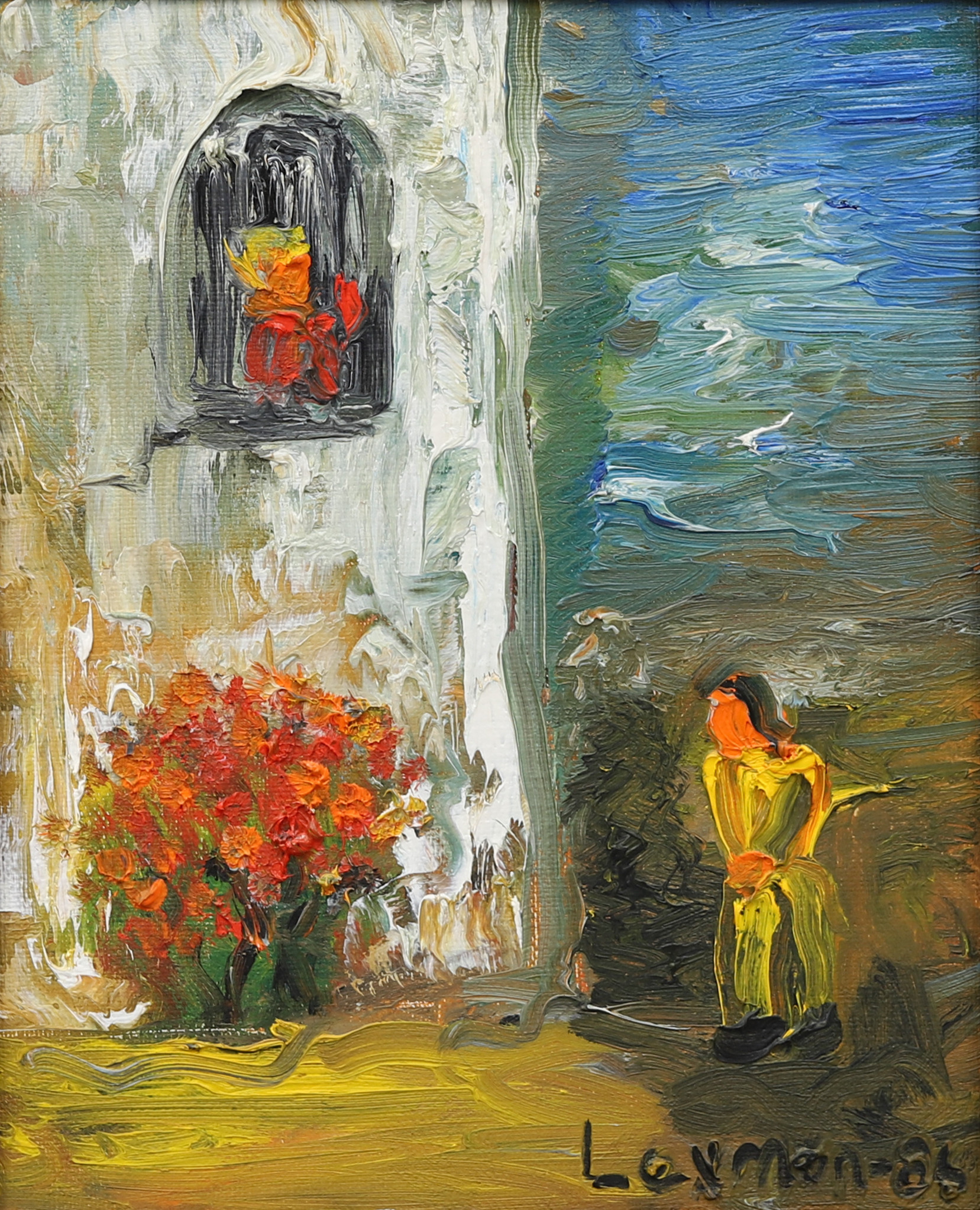 ÅKE LEXMON (FÖDD 1940). "Rosor på kustvägg", olja på duk, signerad, 1986.