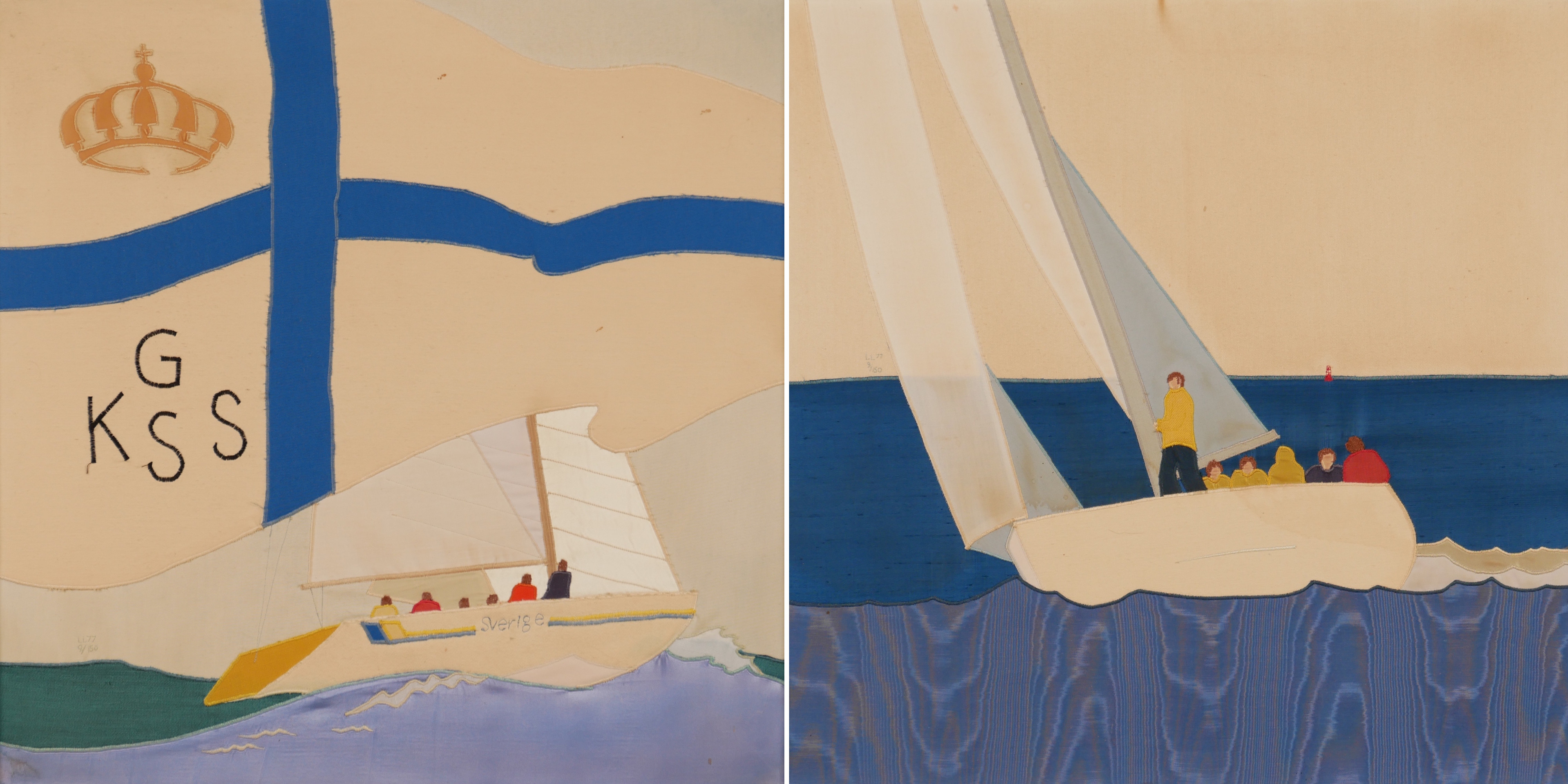 LOTTA LORENTZON. Textiltavlor, 2 st, marina motiv, signerade i ram, 1977.