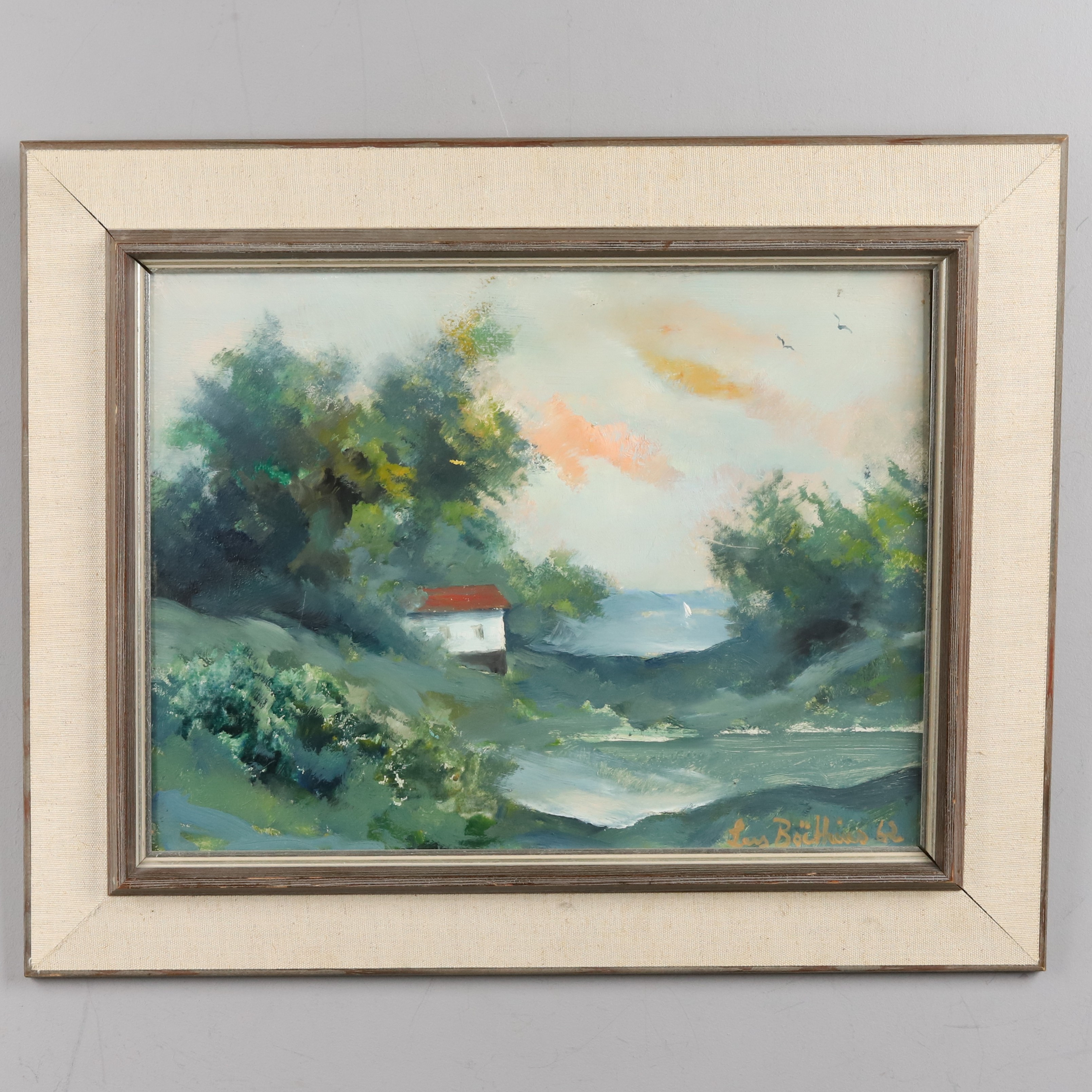 LARS BOËTHIUS. OLJA PÅ PANNÅ. Kustbild med hus, signerad.