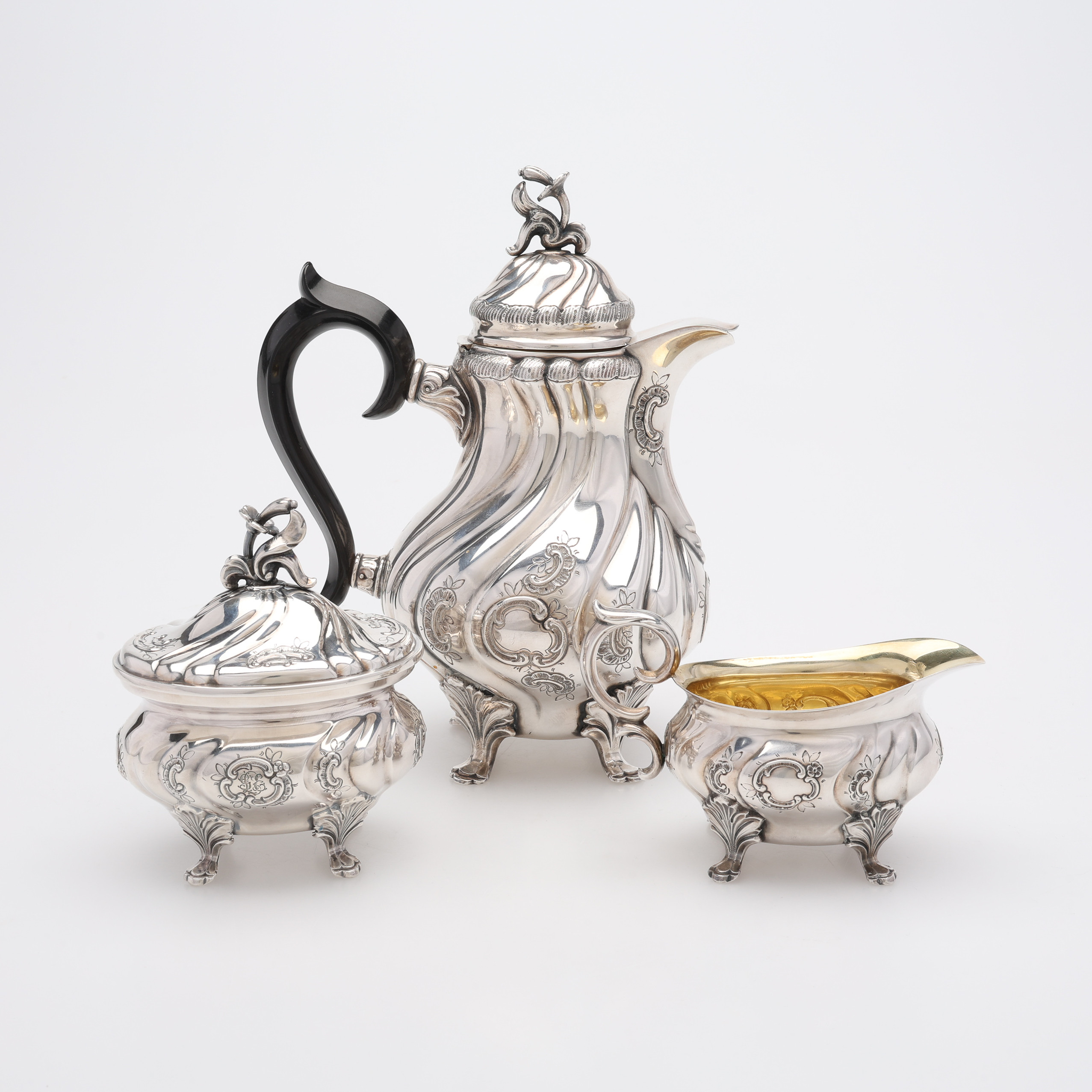 KAFFESERVIS, TRE DELAR, SILVER, CG HALLBERG, STOCKHOLM, TOTALVIKT CA 626 GRAM.