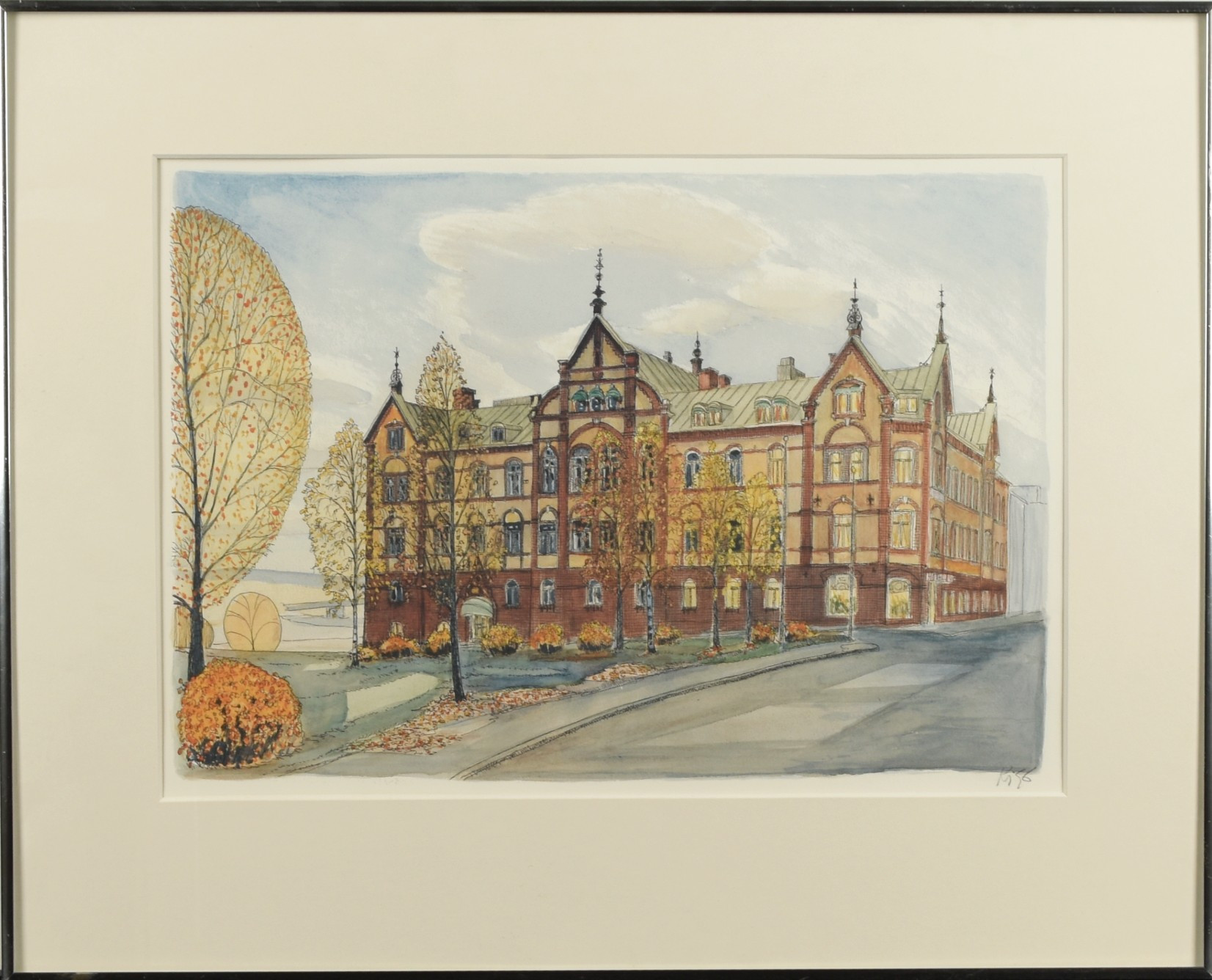 KARL GERHARD "KÅGE" STENLUND. Färglitografi, Motiv av Stora Hotellet i Umeå, Signerad: Kåge.