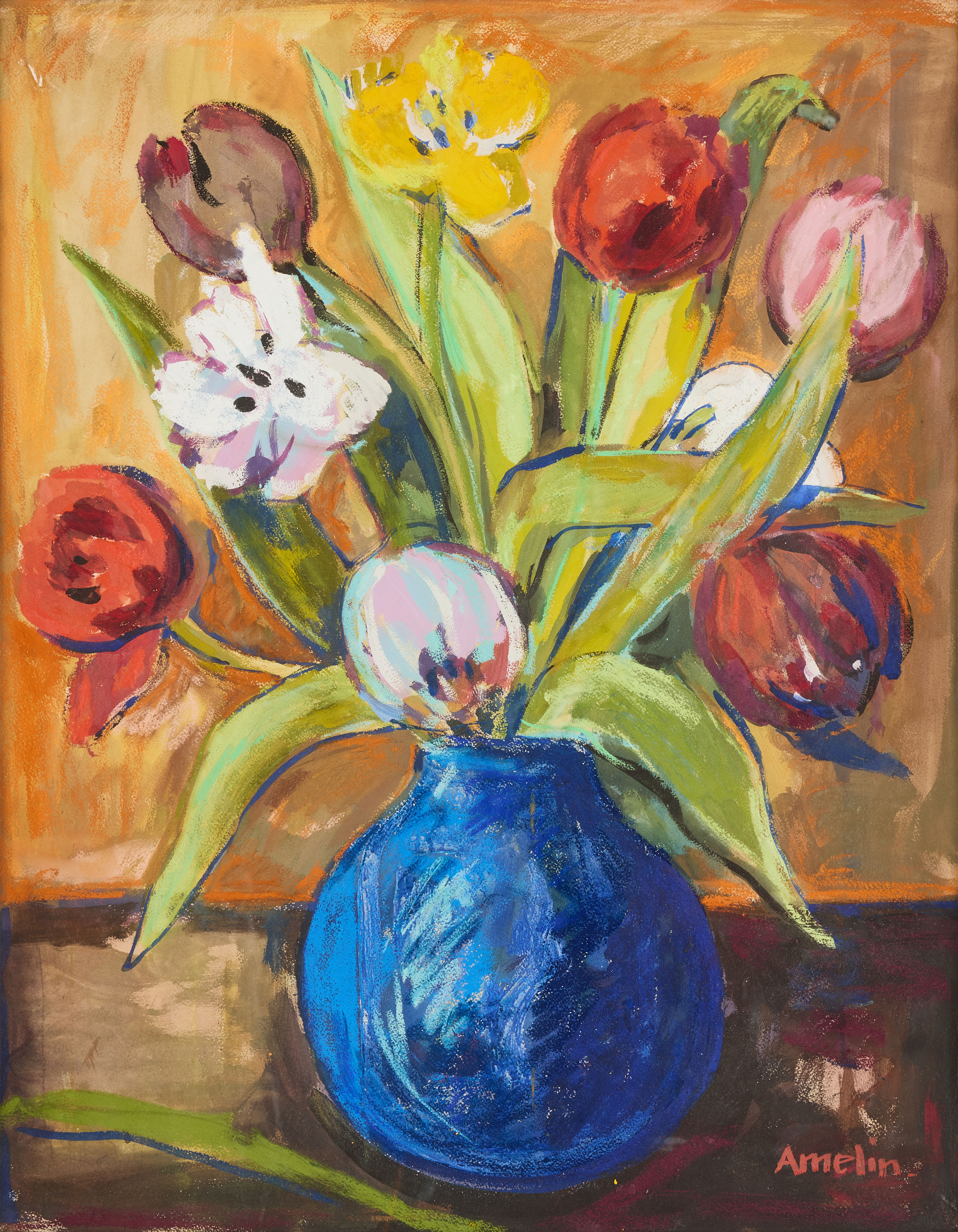 ALBIN AMELIN. Tulpaner i blå vas.