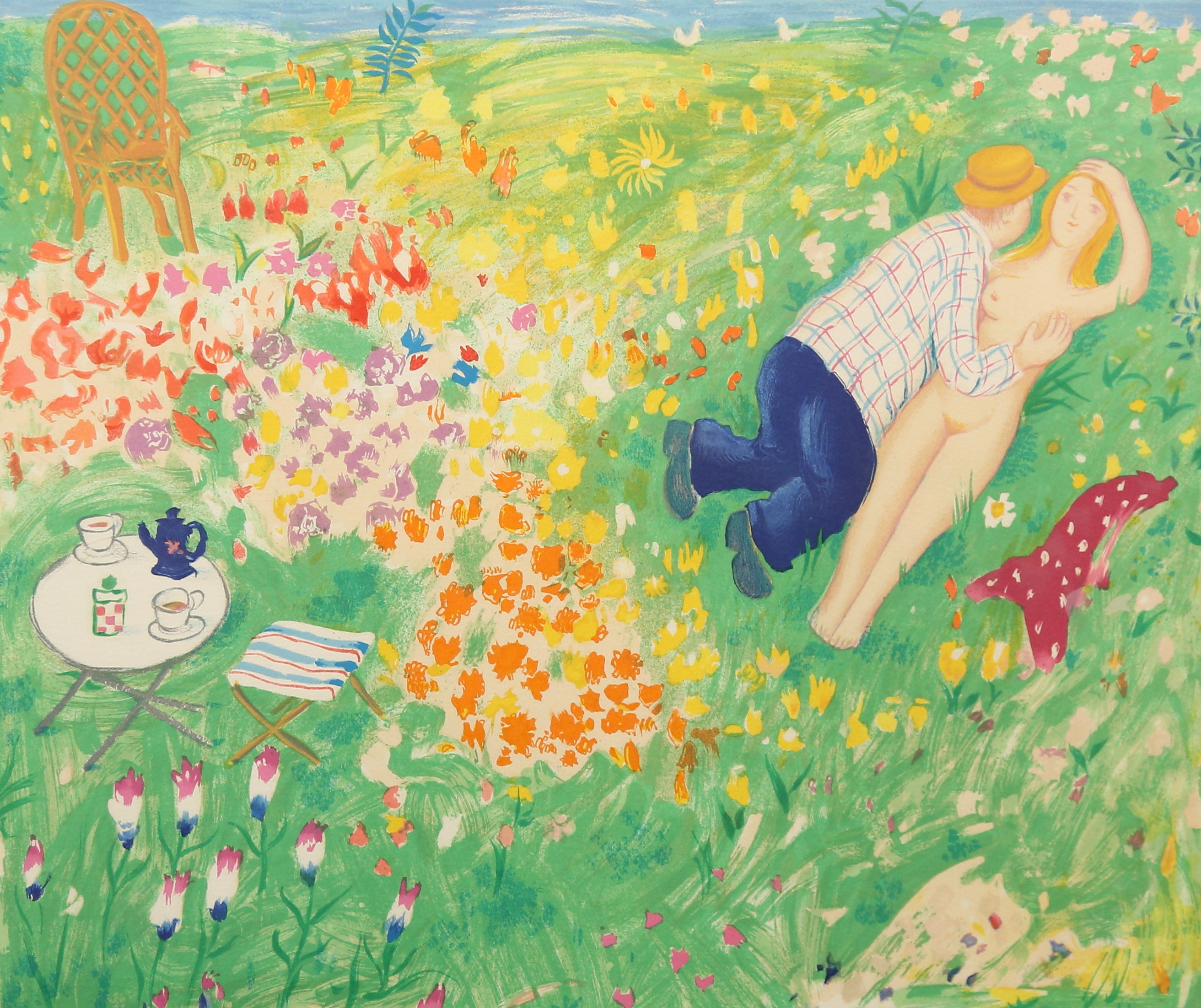 LENNART JIRLOW. Äng med figurer, färglitografi, signerad samt numrerad 164/310.