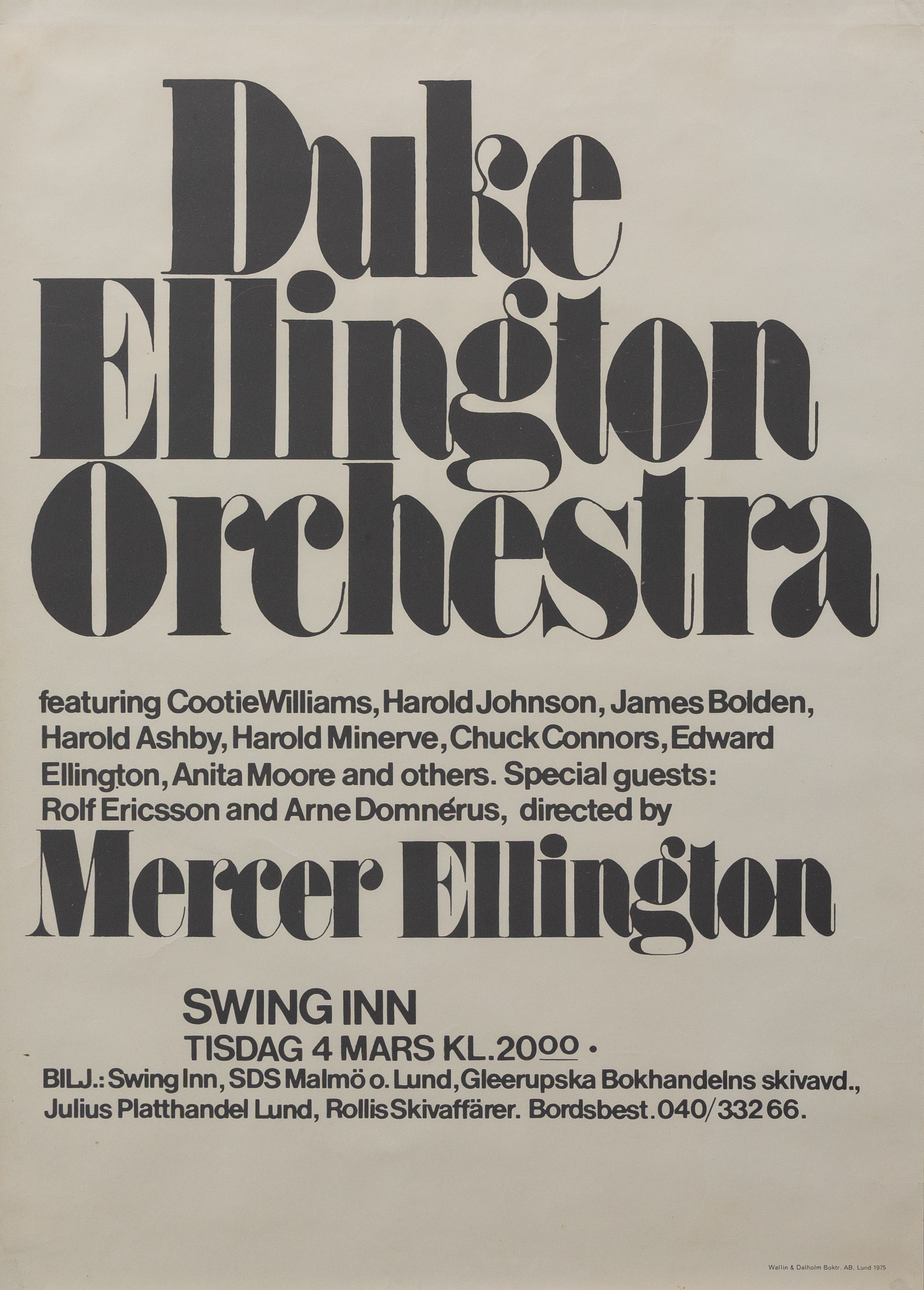 KONSERTAFFISCH, Duke Ellington Orchestra, Swing inn, Malmö.