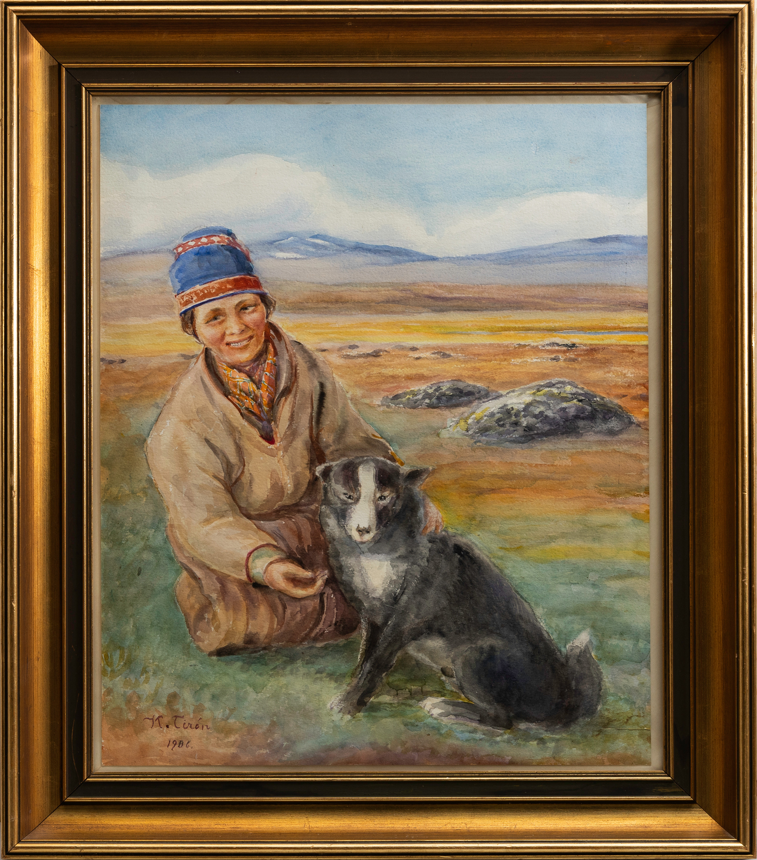 KARL TIRÉN. Sameflicka med Hund, akvarell, signerad och daterad, 1906.