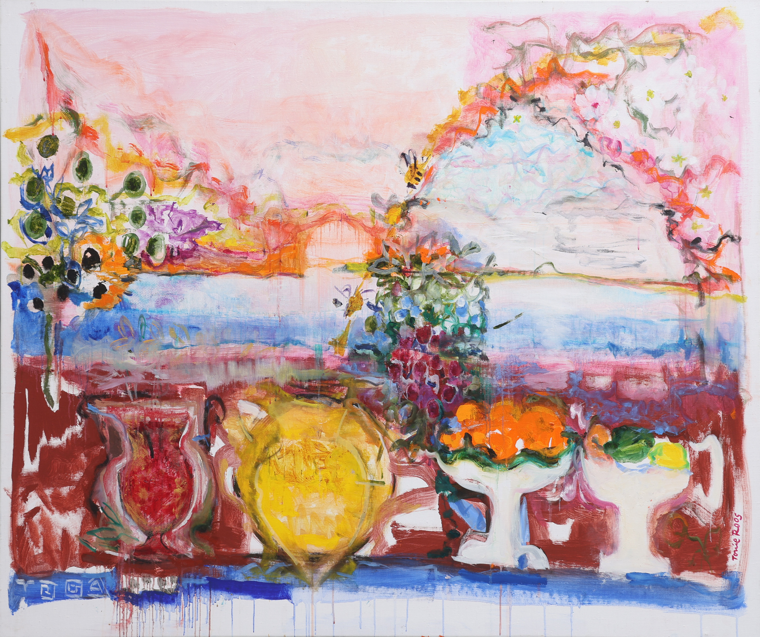 TONIE ROOS. KOMPOSITION MED VASER OCH FRUKT.