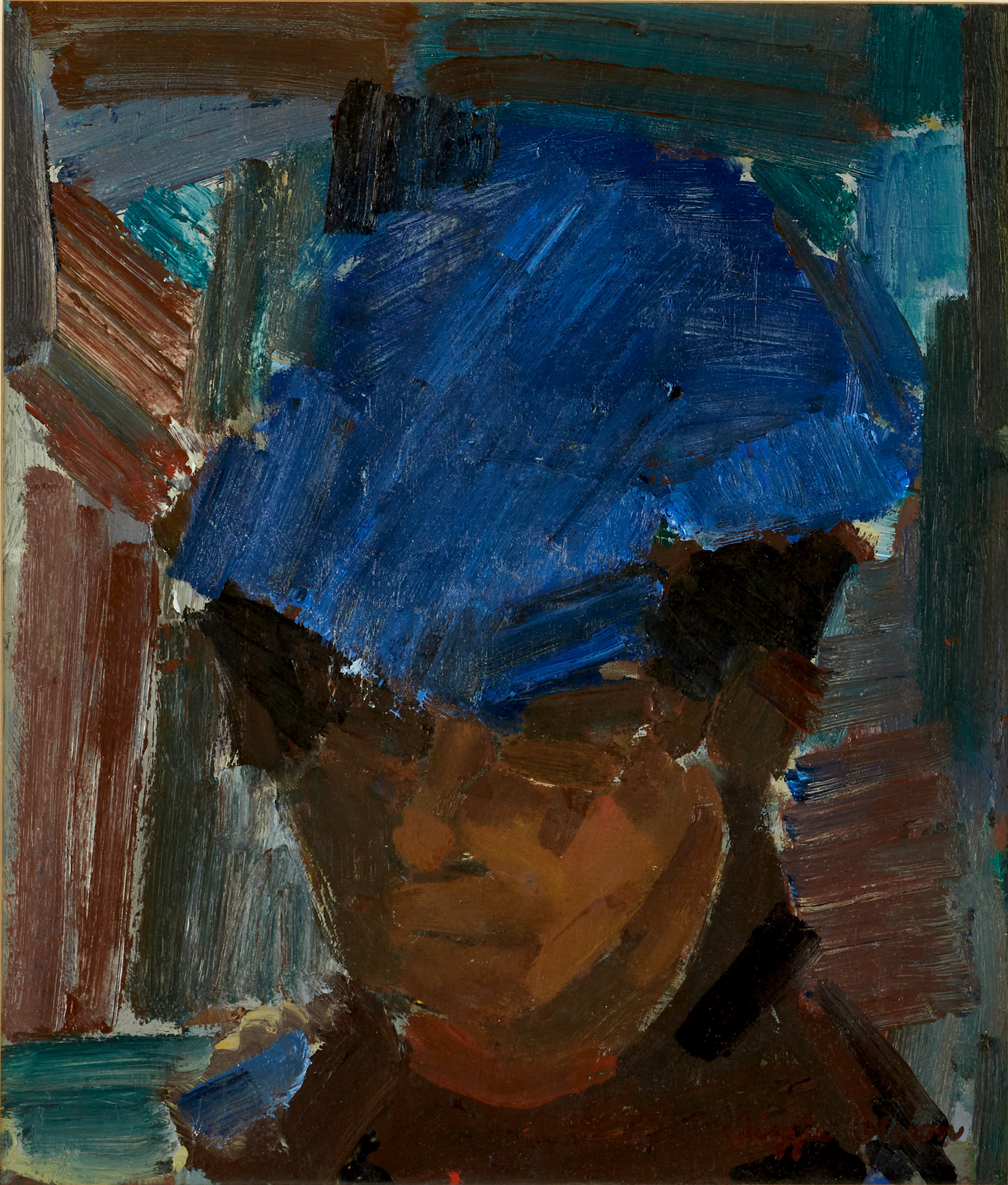 LIZZIE OLSSON-ARLE (1926-2008). Gestalt i blå mössa, signerad, olja på pannå.