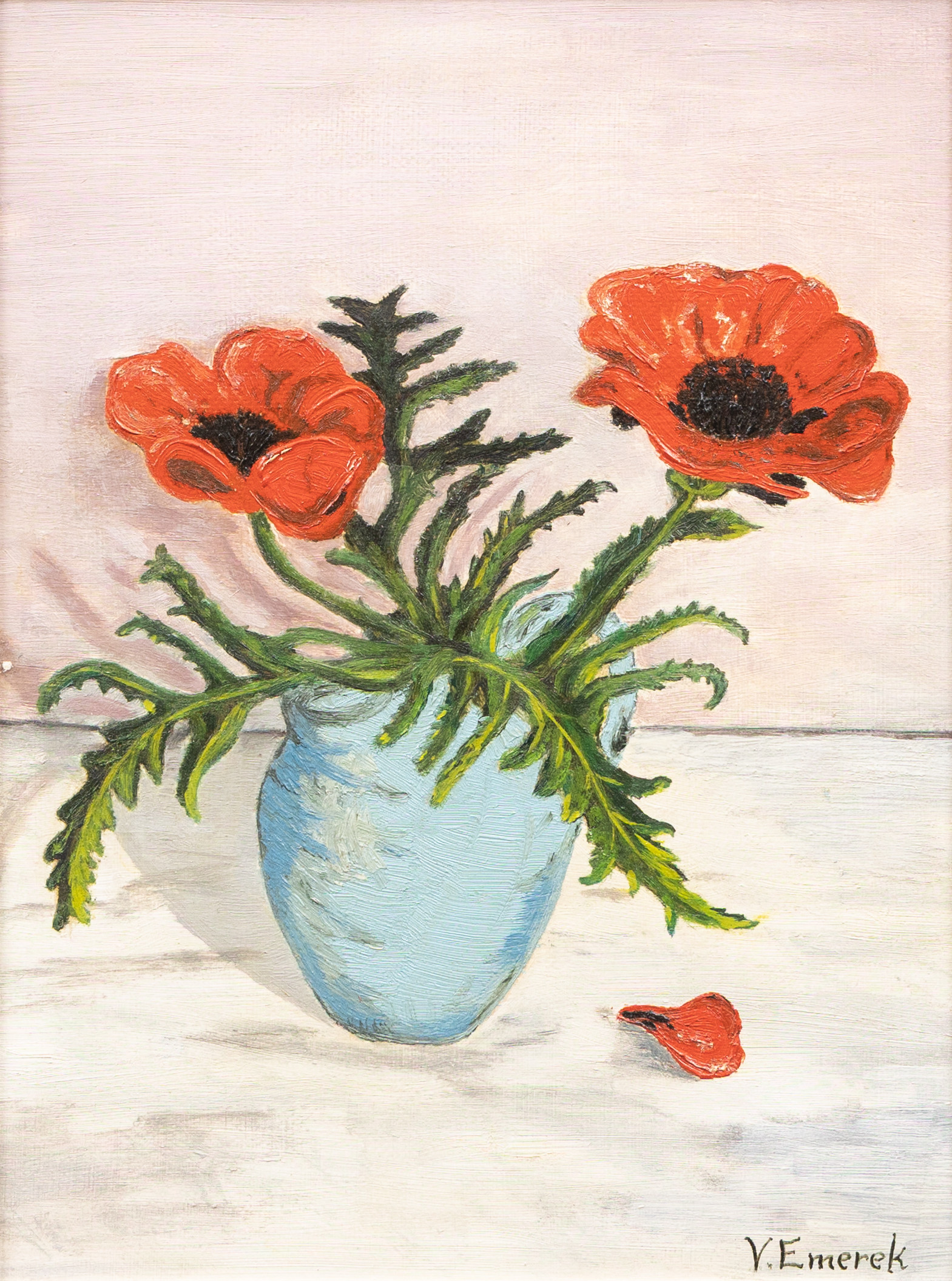 OIDENTIFIERAD KONSTNÄR. Stilleben, olja på pannå, signerad V Emerek.