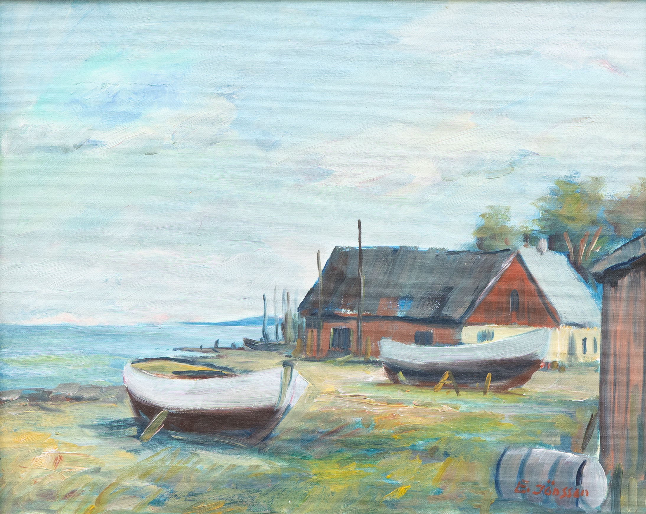 OIDENTIFIERAD KONSTNÄR. Kustlandskap med båtar, olja på pannå, signerad E Persson.