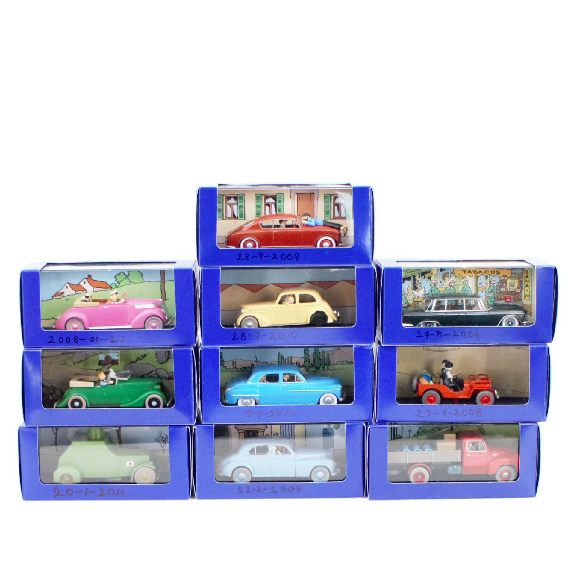 SAMLARBILAR, 10 st, Tintin, Herge-de L'oreille Cassée, Moulinsart, Atlas Edition, bl.a. "L'or Noir", "L'oreille Cassée" och "Objectif Lune", i originalförpackningar.