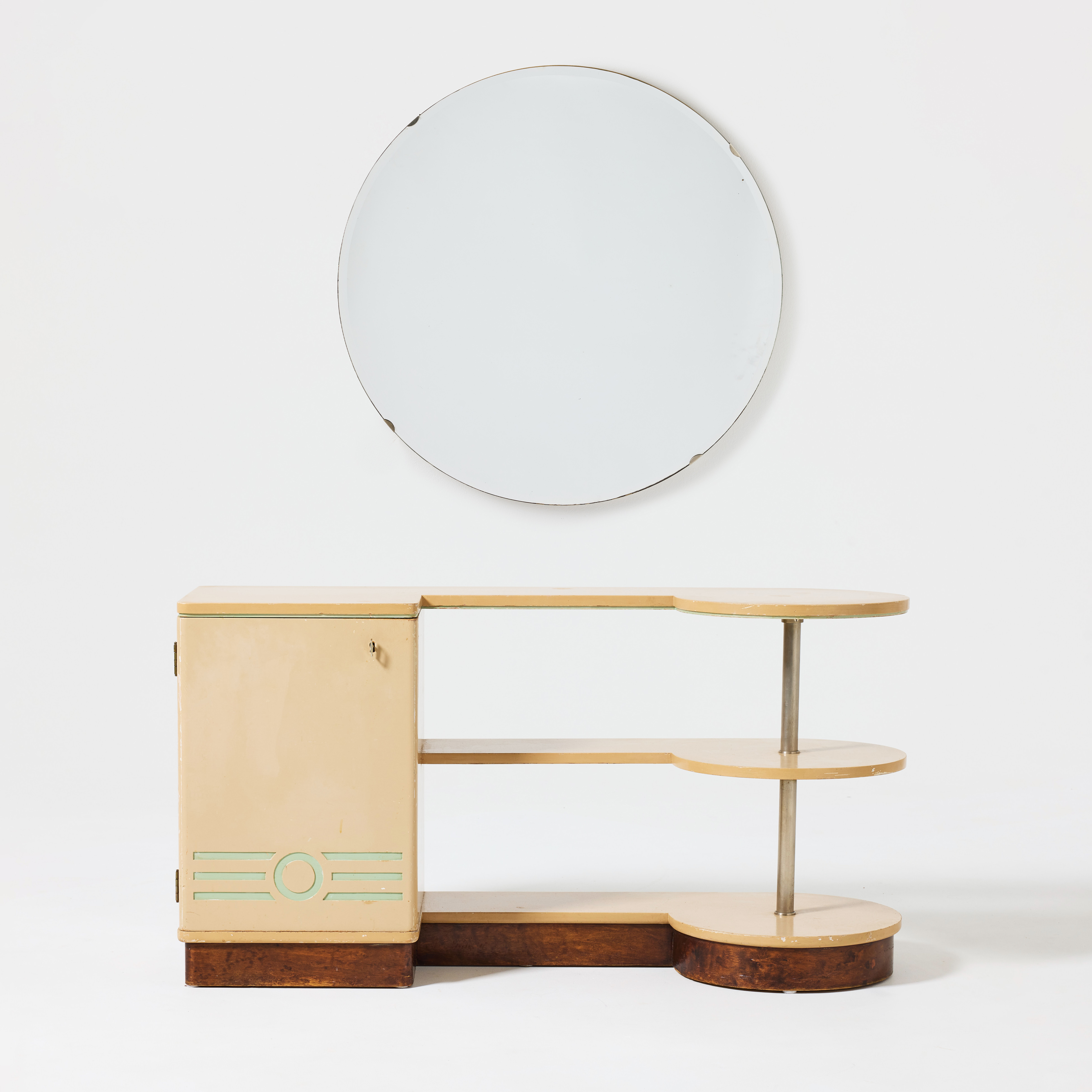 TOALETTBORD med spegel, 1930-tal, funkis, bemålad björk, mahogny och stålrör.