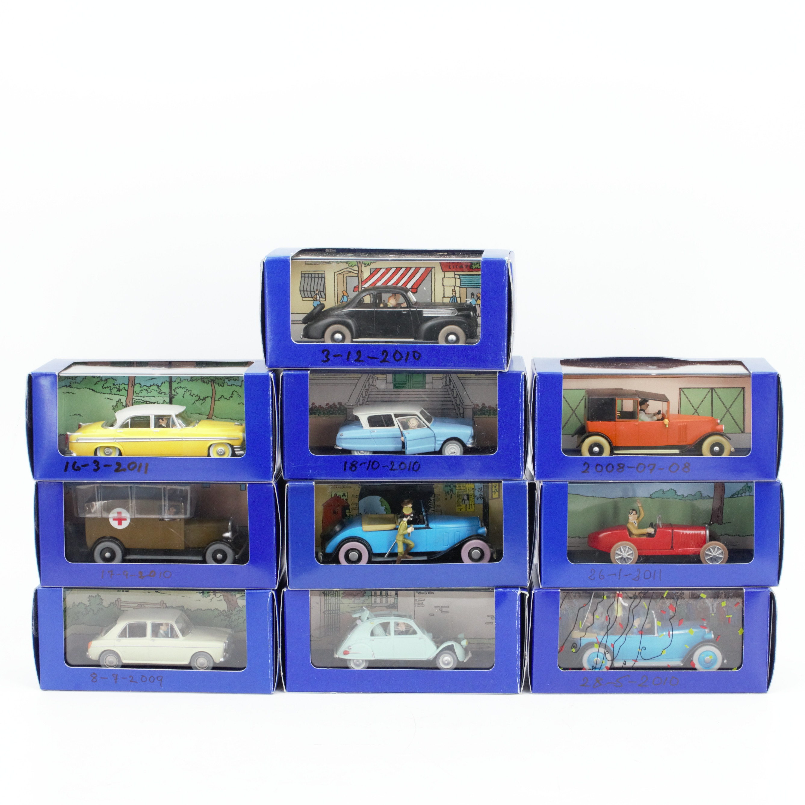 SAMLARBILAR, 10 st, Tintin, Herge-de L'oreille Cassée, Moulinsart, Atlas Edition, bl.a. "En Amérique", "Le Lotus Bleu" och "Les Bijoux de la Castafiore", i originalförpackningar.