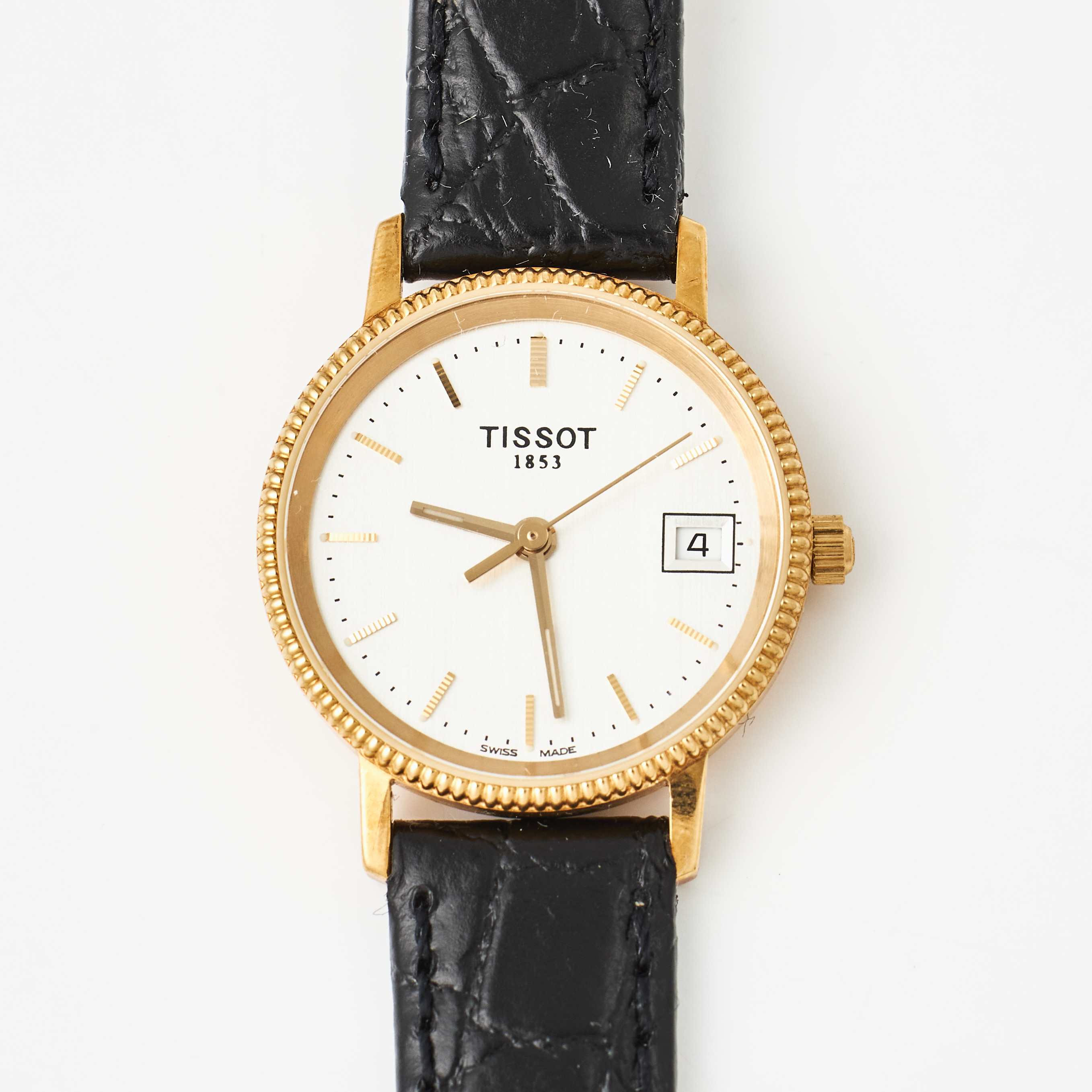 TISSOT, armbandsur, 18 k guld, quartz, datum, safirglas, 2008, krokopressat svart läderband i original.