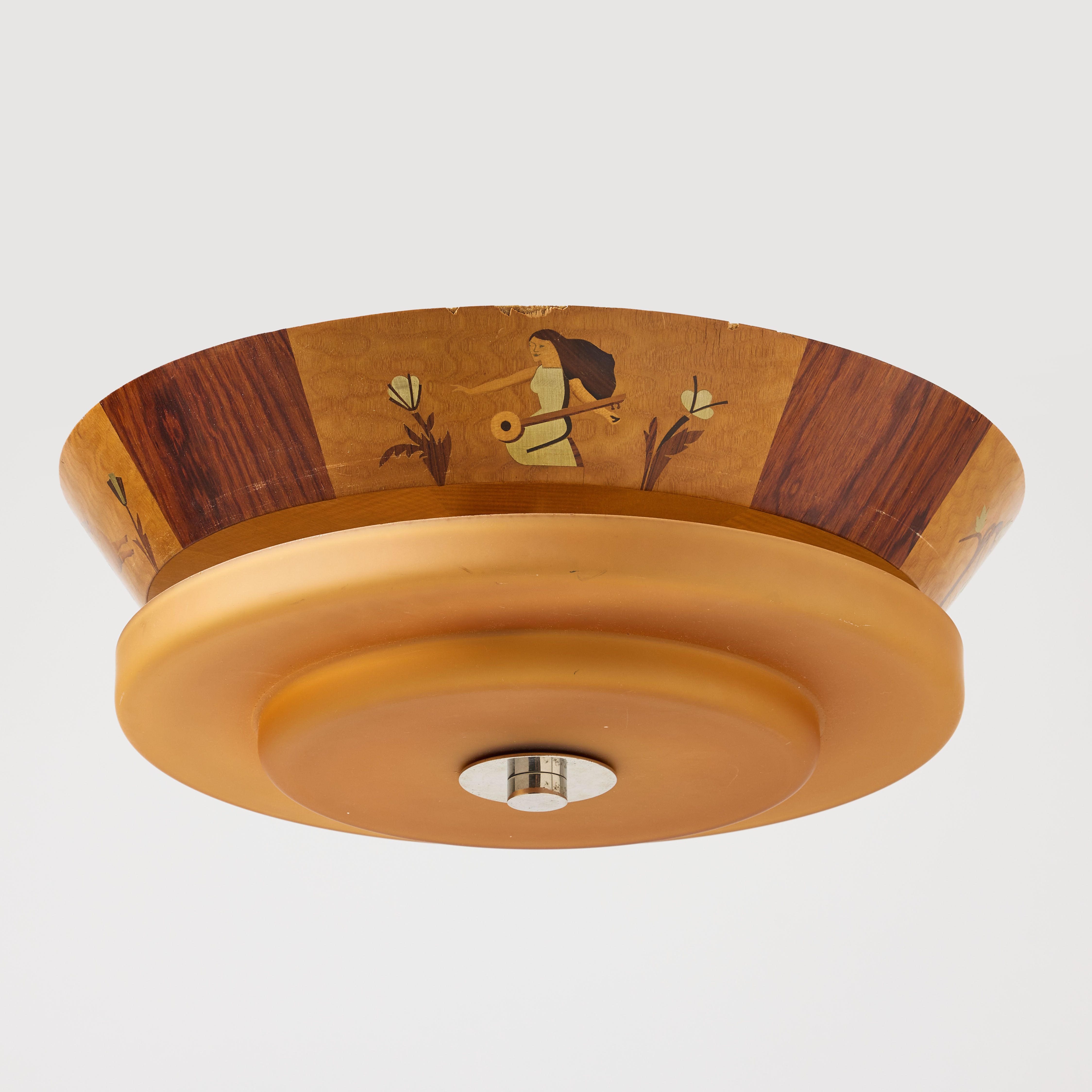 MJÖLBY INTARSIA. TILLSKRIVEN. Takaramatur, runt år 1940, Swedish Modern, intarsia med kupa i havannafärgat glas.