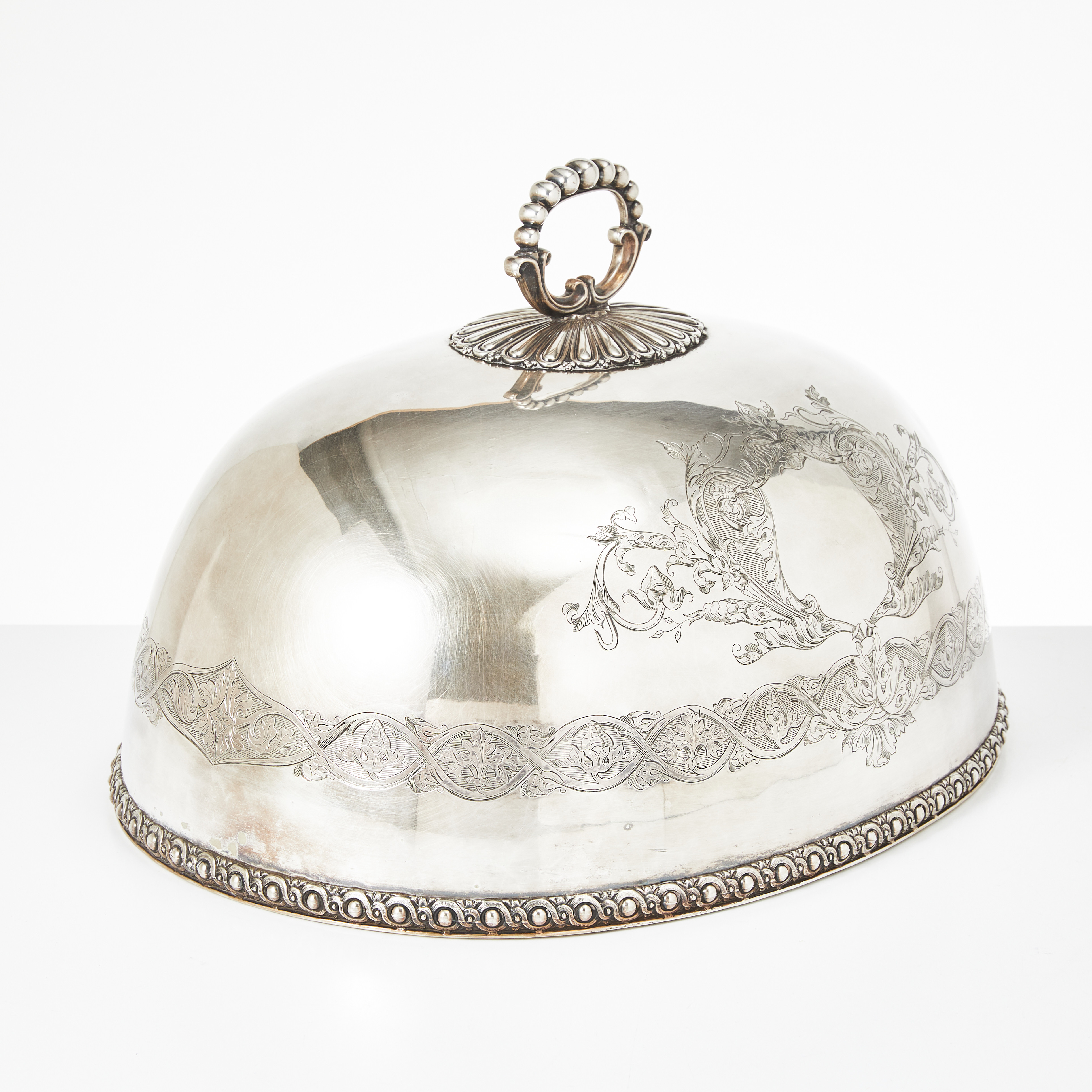 STEKHUV, nysilver, England, 1800-tal, större modell, graverad dekor, godronnering vid hänkeln, monogram HB.