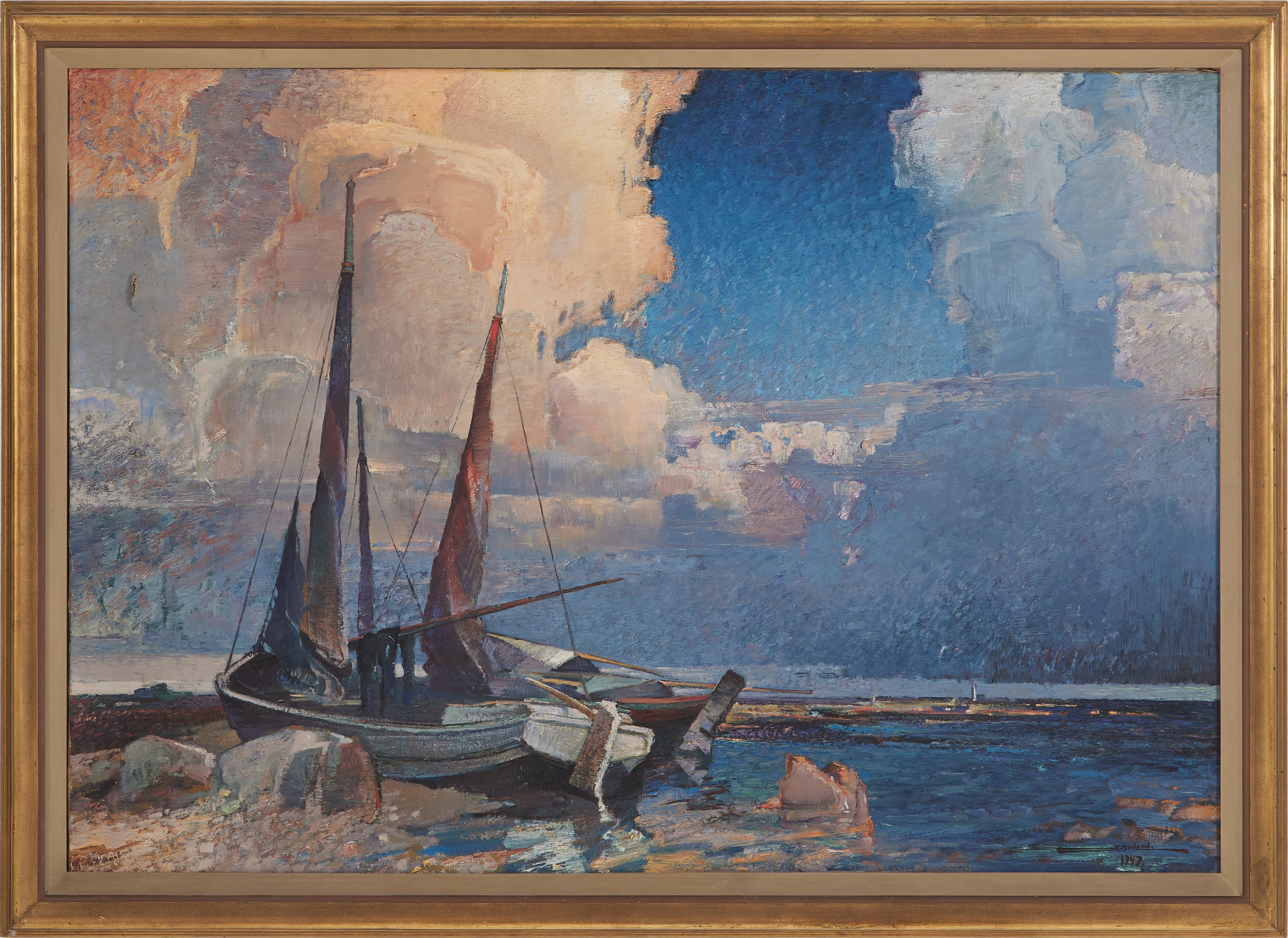 STIG JONZON (1913-1987). Båtar vid land, olja på duk.