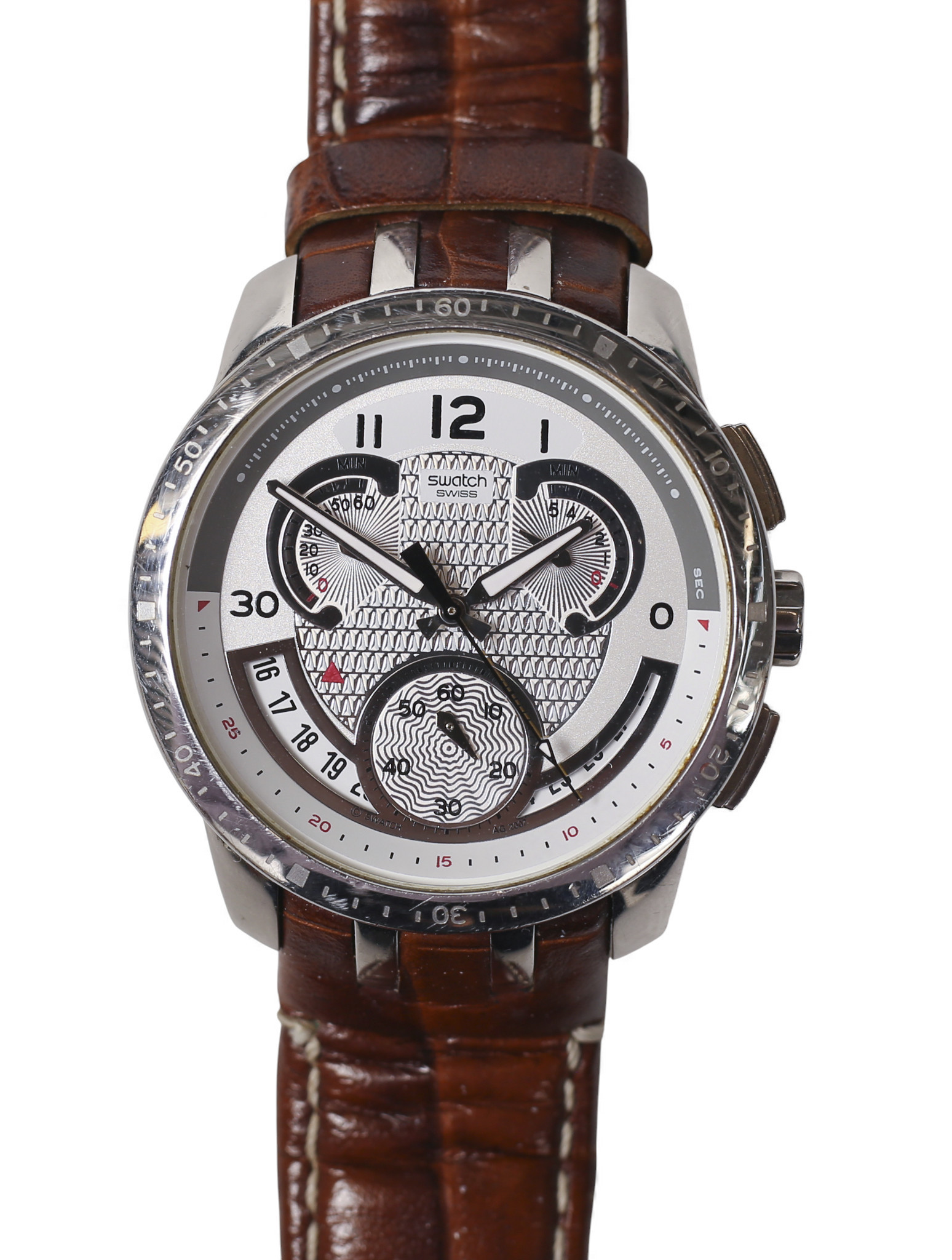 SWATCH, KRONOGRAF, stål, quartz. Läderarmband med originalspänne.