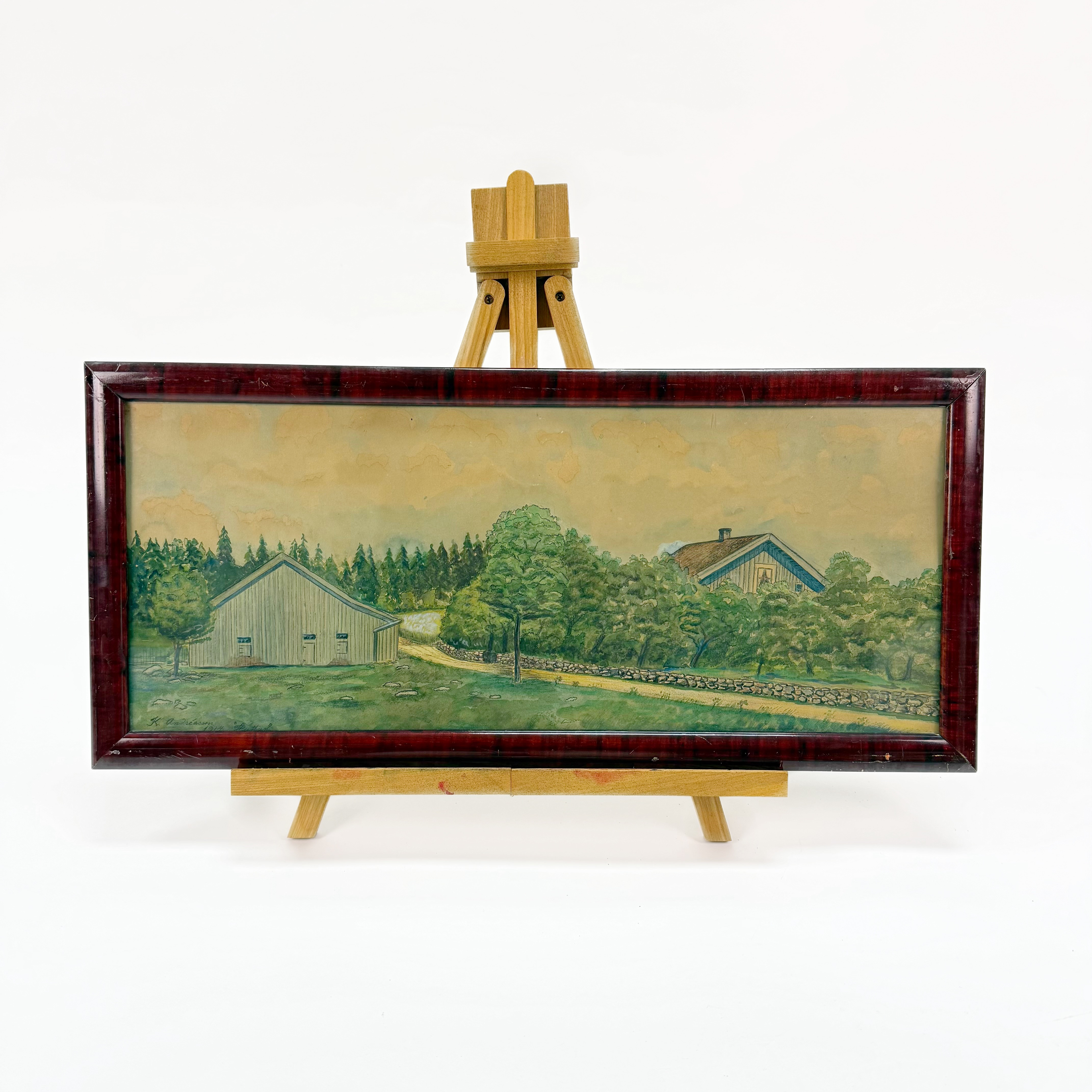 K ANDREASSON. Akvarell på papper, "Hyttan" signerad och daterad 1914.