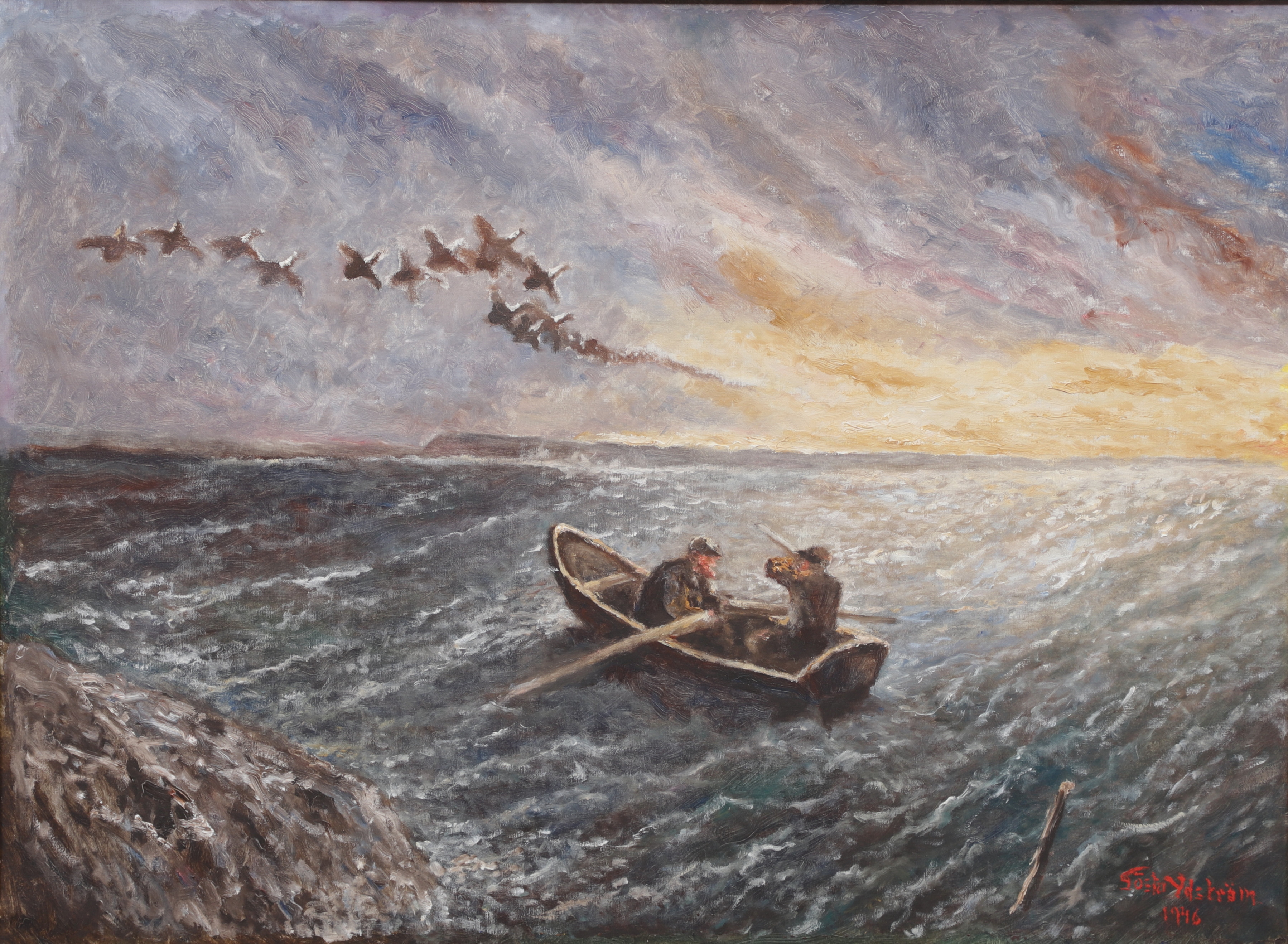 GÖSTA YDSTRÖM. Fågeljakt till havs, olja på duk, signerad, daterad 1946.