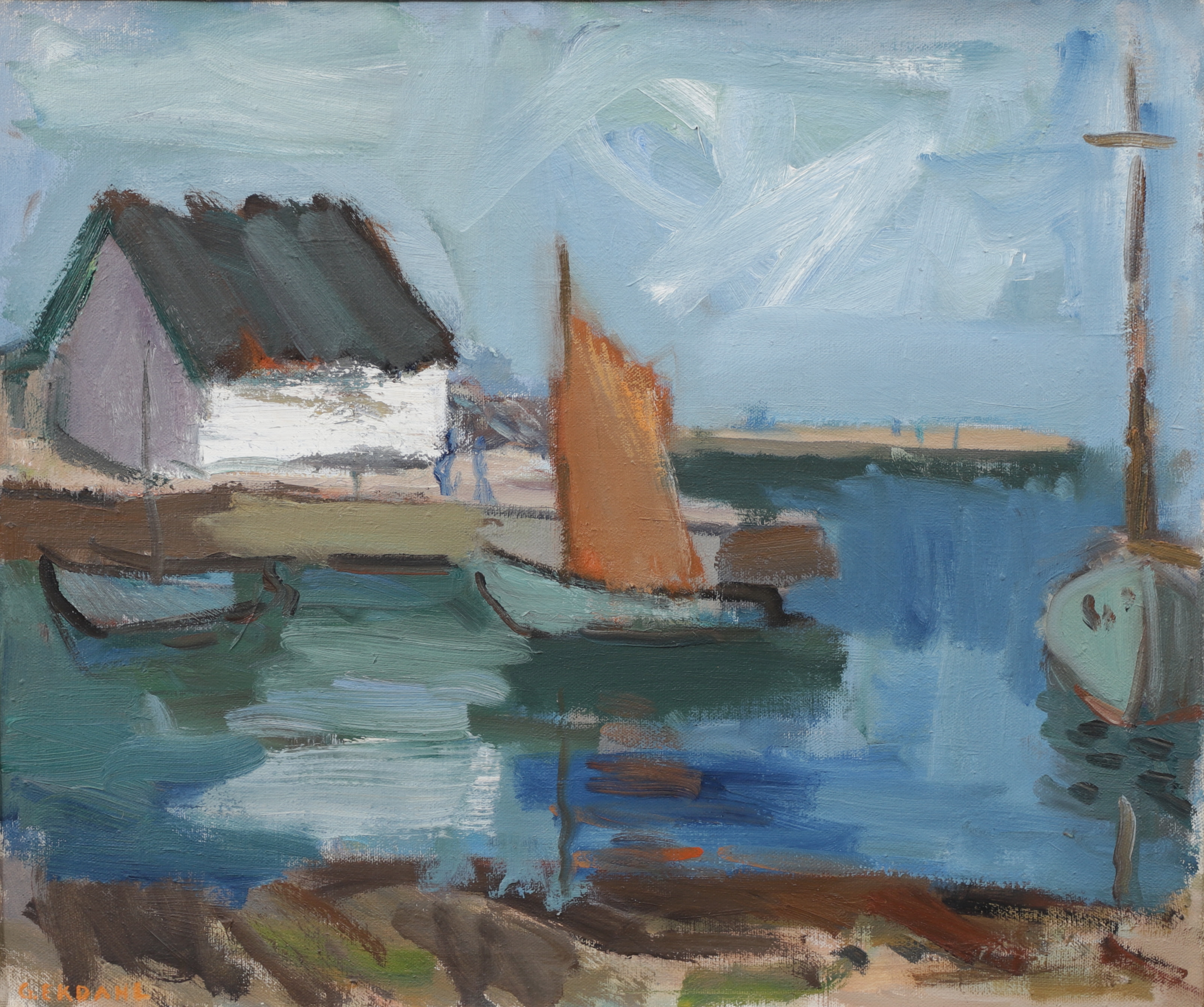 GÖSTA EKDAHL. Båthamn, olja på duk, signerad, daterad a tergo 1963.