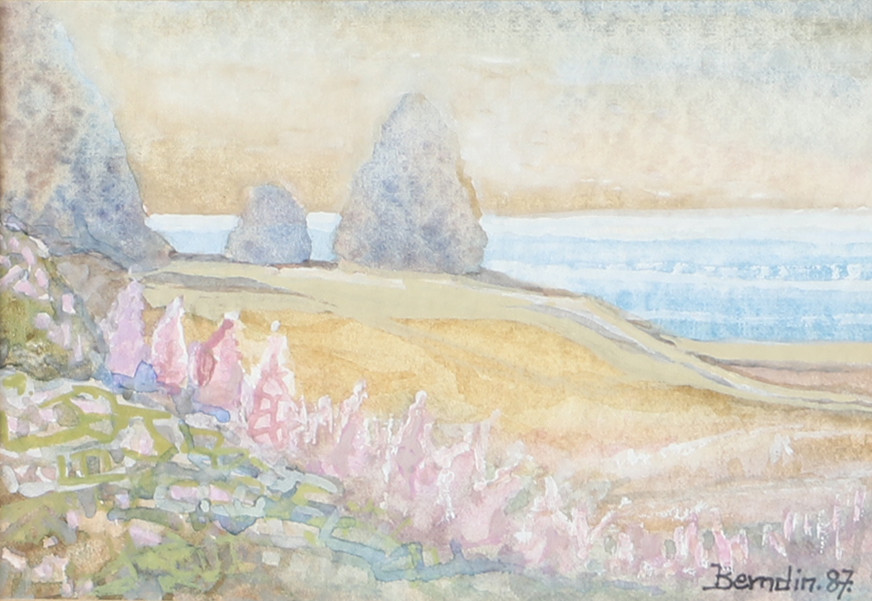 INGA BERNDIN-SVENSSON. "Ängar vid Östersjön", akvarell, signerad Berndin.87.