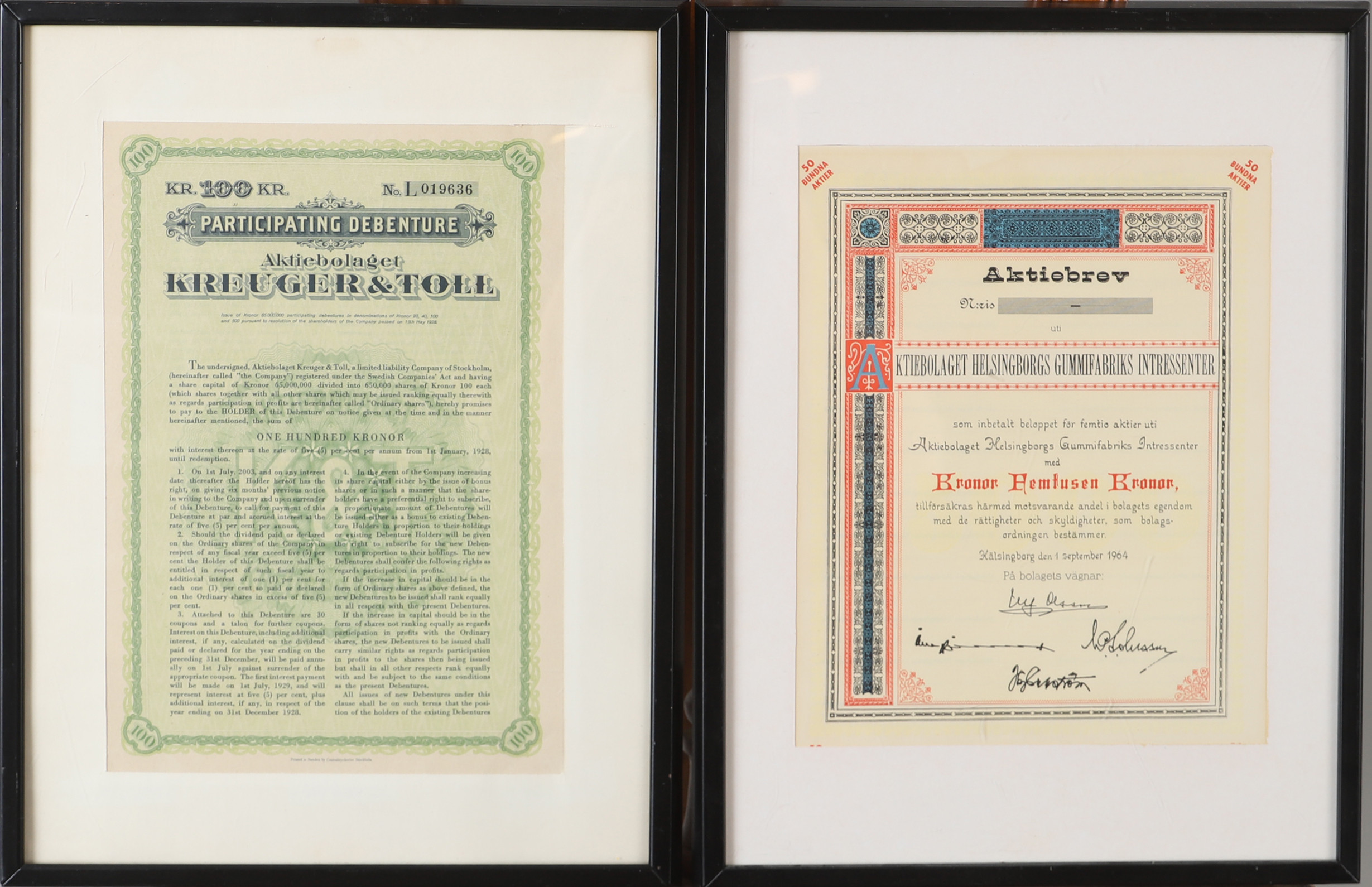 AKTIEBREV, 2 stycken inramade bl. a. Kreuger & Toll, 1928.