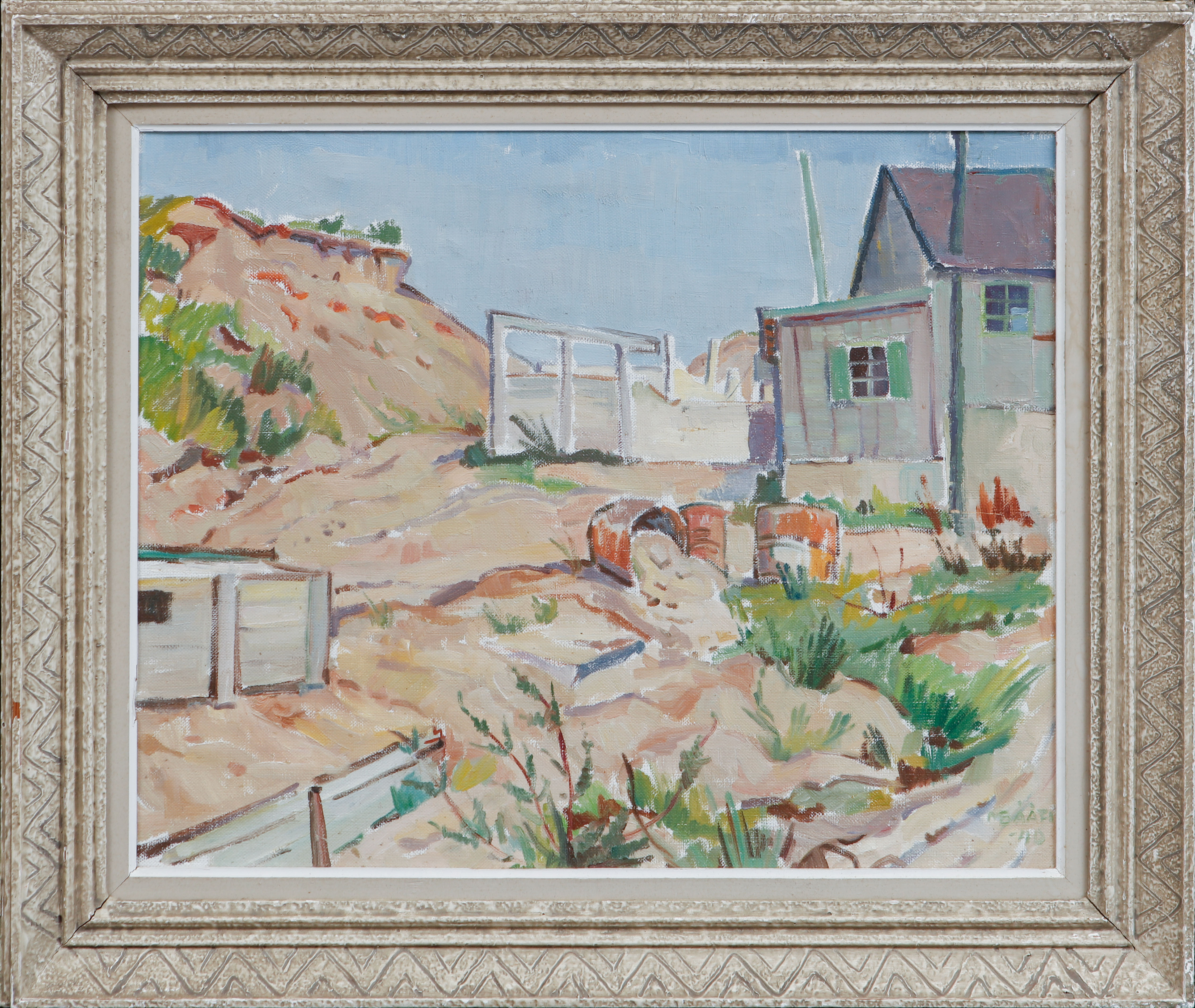 MAJA BÅÅTH. Hus och oljefat, olja på duk, signerad och daterad -40.