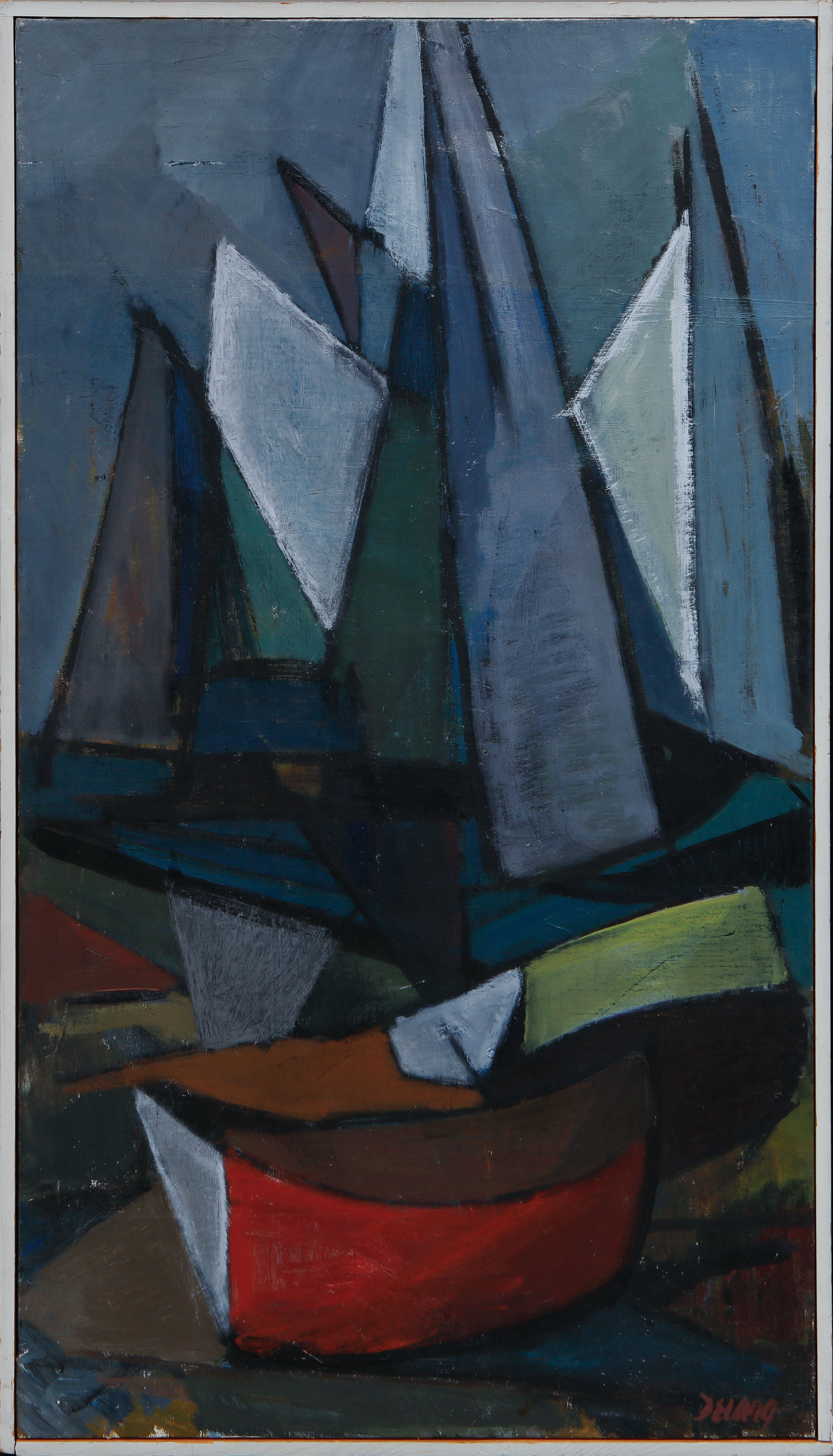 STIG DELANG. "Båtar och segel", olja på duk, signerad.