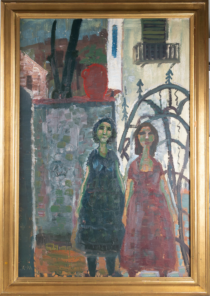 OKÄND KONSTNÄR. 2 kvinnor i sydländskt by, olja på masonit.
