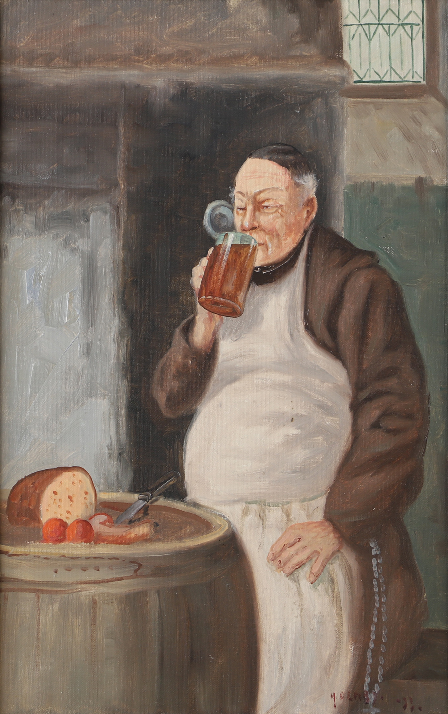 OIDENTIFIERAD KONSTNÄR. "Broder Bryggmästaren", olja på duk, signerad M. Denby-33.