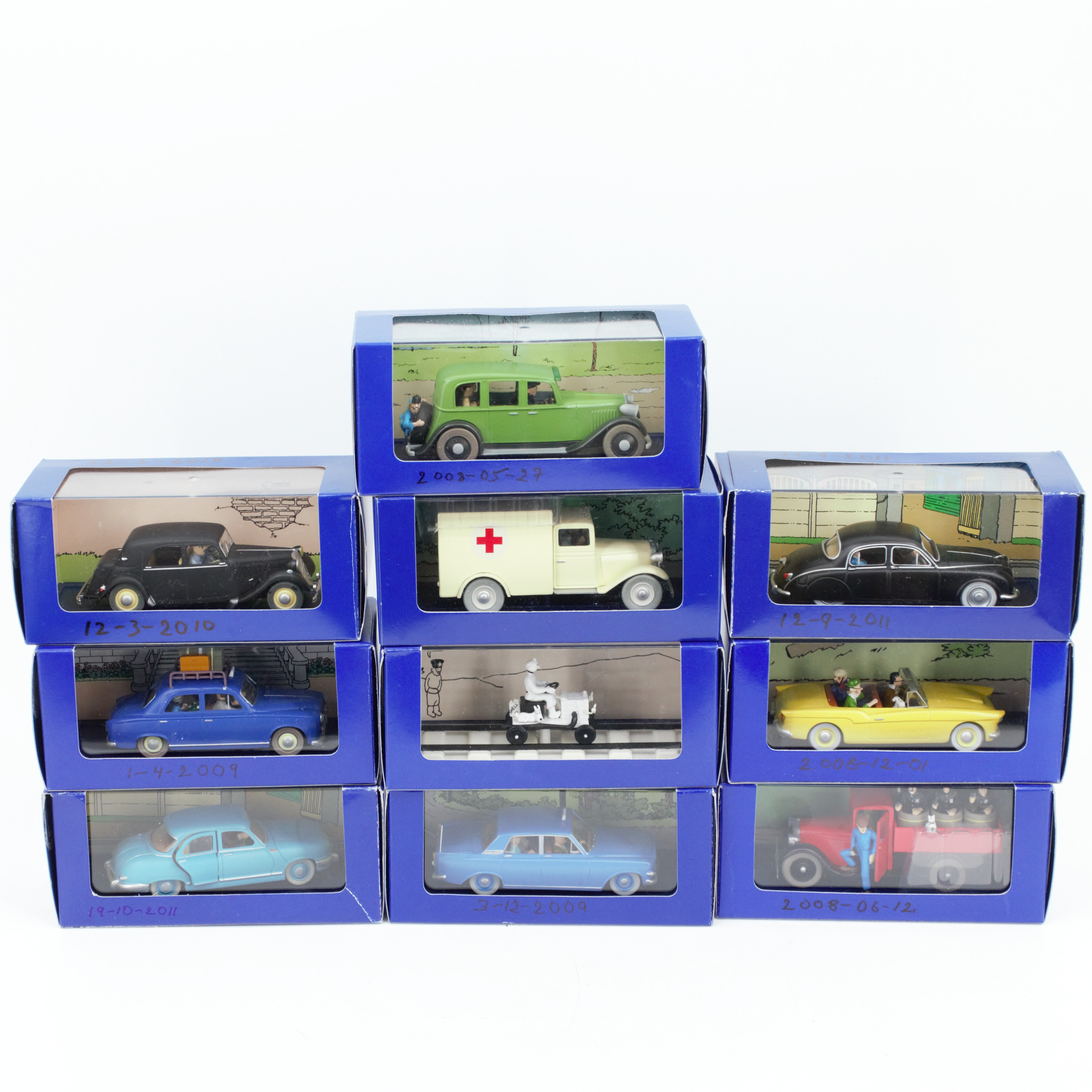 SAMLARBILAR, 10 st, Tintin, Herge-de L'oreille Cassée, Moulinsart, Atlas Edition, bl.a. "Les cigares du Pharaon", "Le Lotus Bleu" och "L'ile Noire", i originalförpackningar.