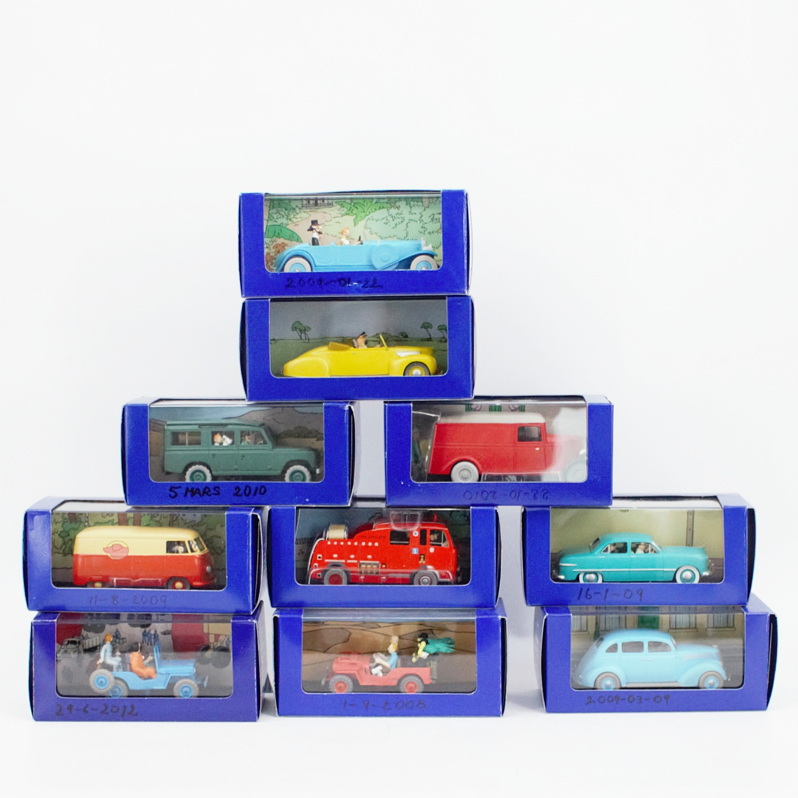 SAMLARBILAR, 10 st, Tintin, Herge-de L'oreille Cassée, Moulinsart, Atlas Edition, bl.a. "L'affaire tournesol", "Et les Picaros" och "L'ile Noire" originalförpackningar.