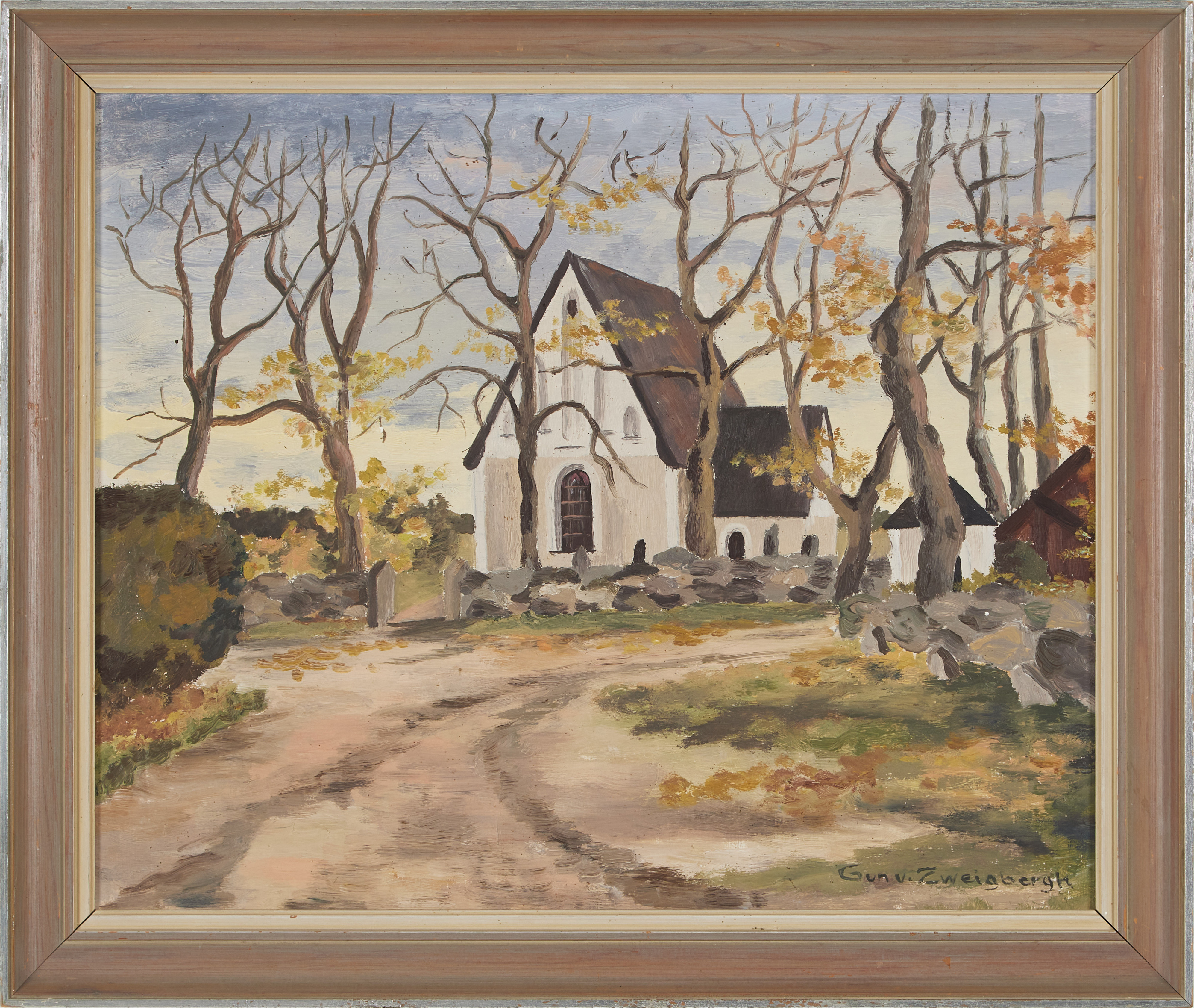 GUNILLA VON ZWEIGBERGK. Knivsta gamla kyrka även Sankt Stefanskyrkan, signerad, olja på pannå.