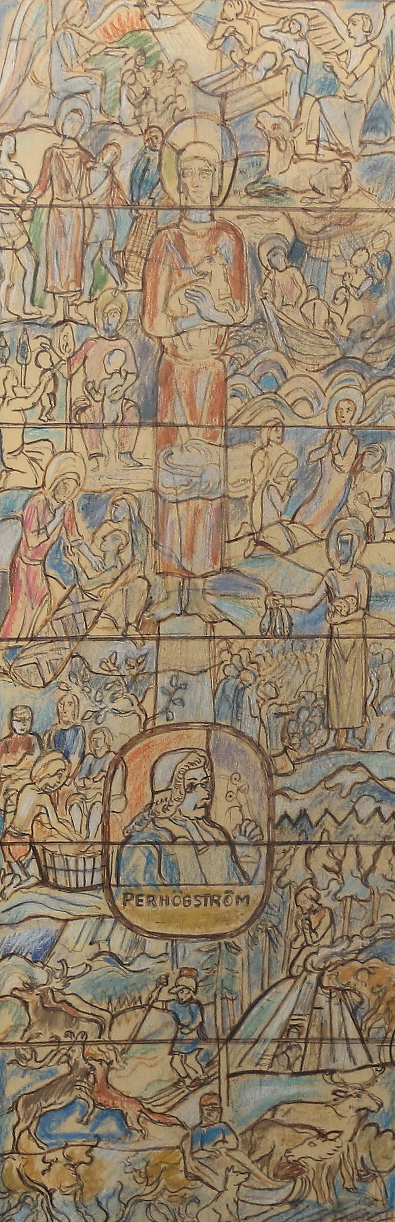 EINAR FORSETH. Skiss till kyrkofönster: "Gällivare-Malmberget kyrka (motiv av bla Pehr Högström)", signerad och daterad Einar Forseth 1943, blandteknik.