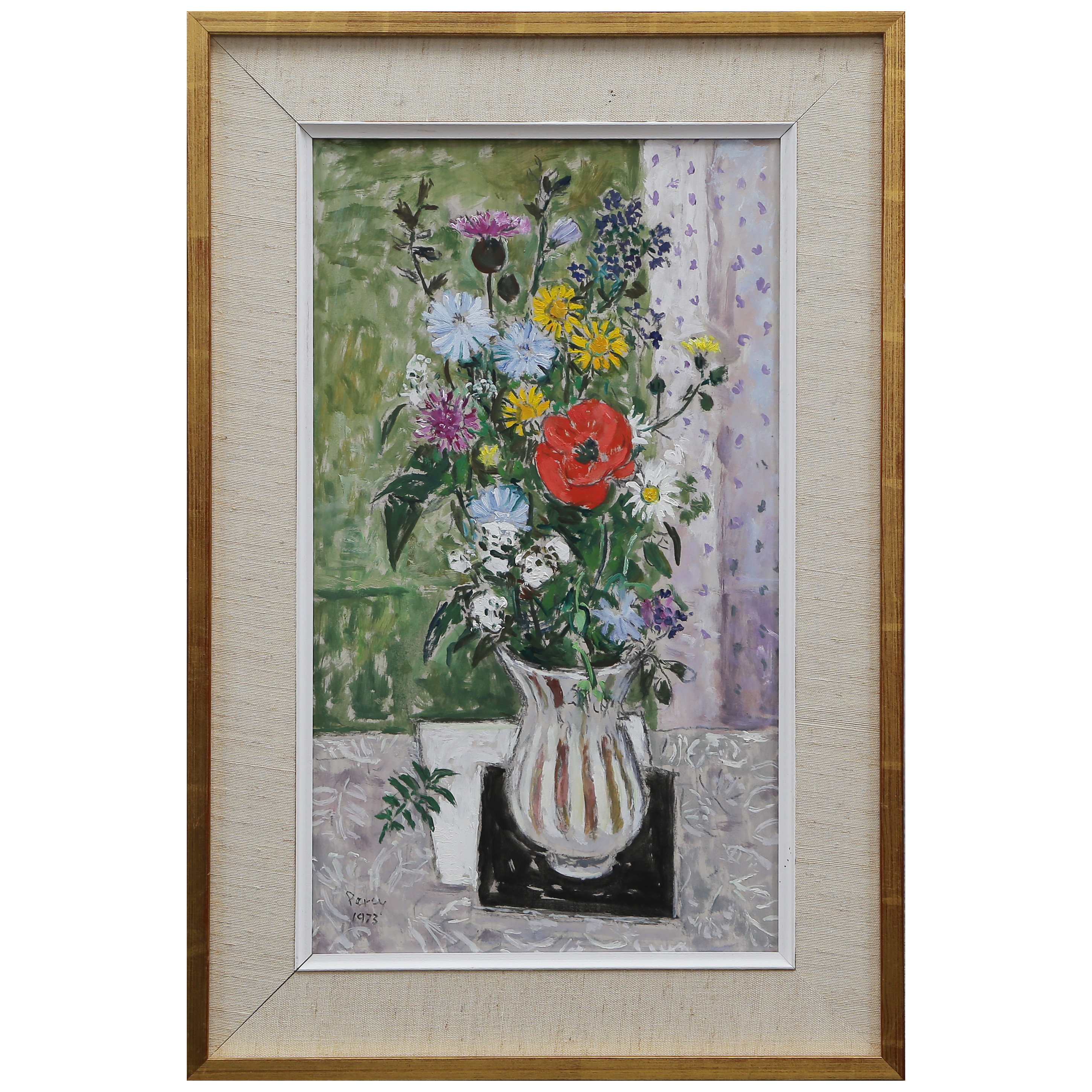 ARTHUR PERCY. "VILDBLOMMOR MED RÖD VALLMO" OLJA PÅ PANNÅ, SIGNERAD, DATERAD.