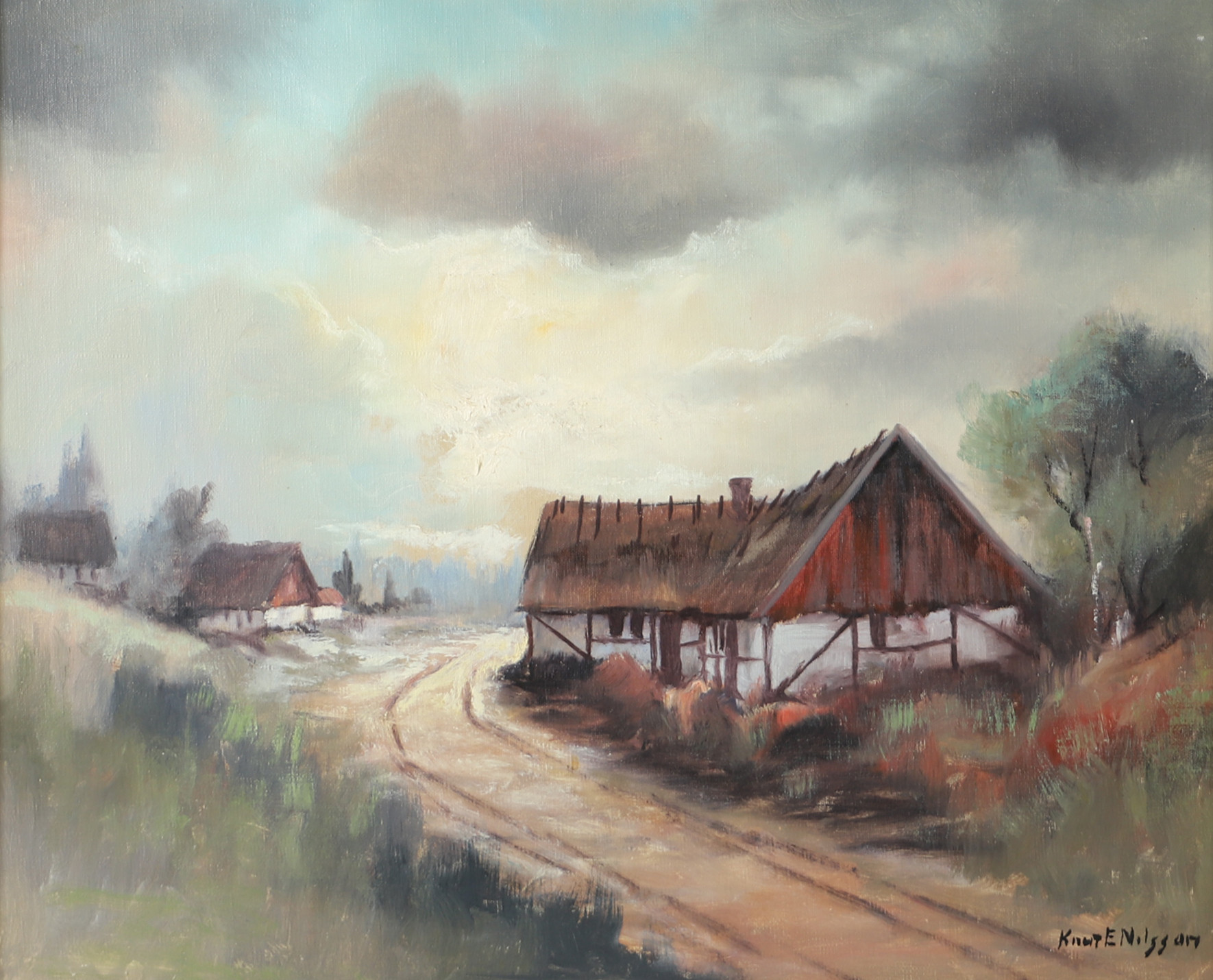 KNUT ERIK NILSSON. Gården vid vägen, olja på duk, signerad Knut E Nilsson.