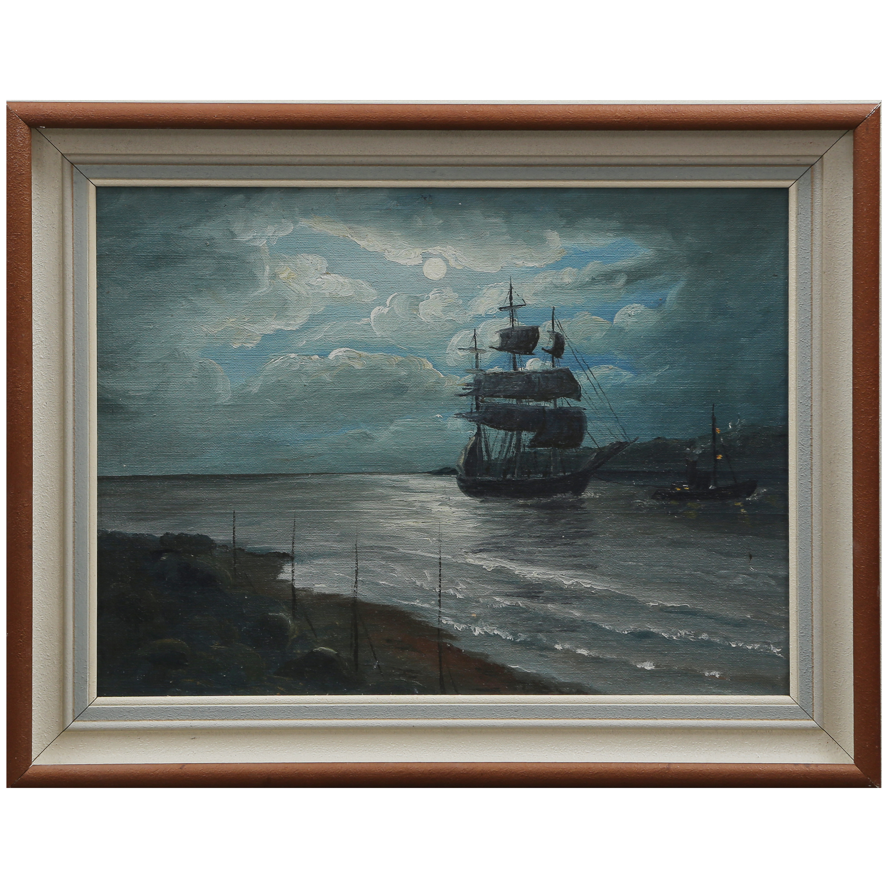 MARIN OLJEMÅLNING "SEGELFARTYG I MÅNSKEM MED LOTS AV ÅNGBÅT" (TEXT A TERGO. SEGELBÅTEN TILL MARSTRAND GBG´S SKÄRGÅRD, MÅLAD AV JOH JOHANSSON, INKÖPT OKT 1926) SVAGT SIGNERAD.