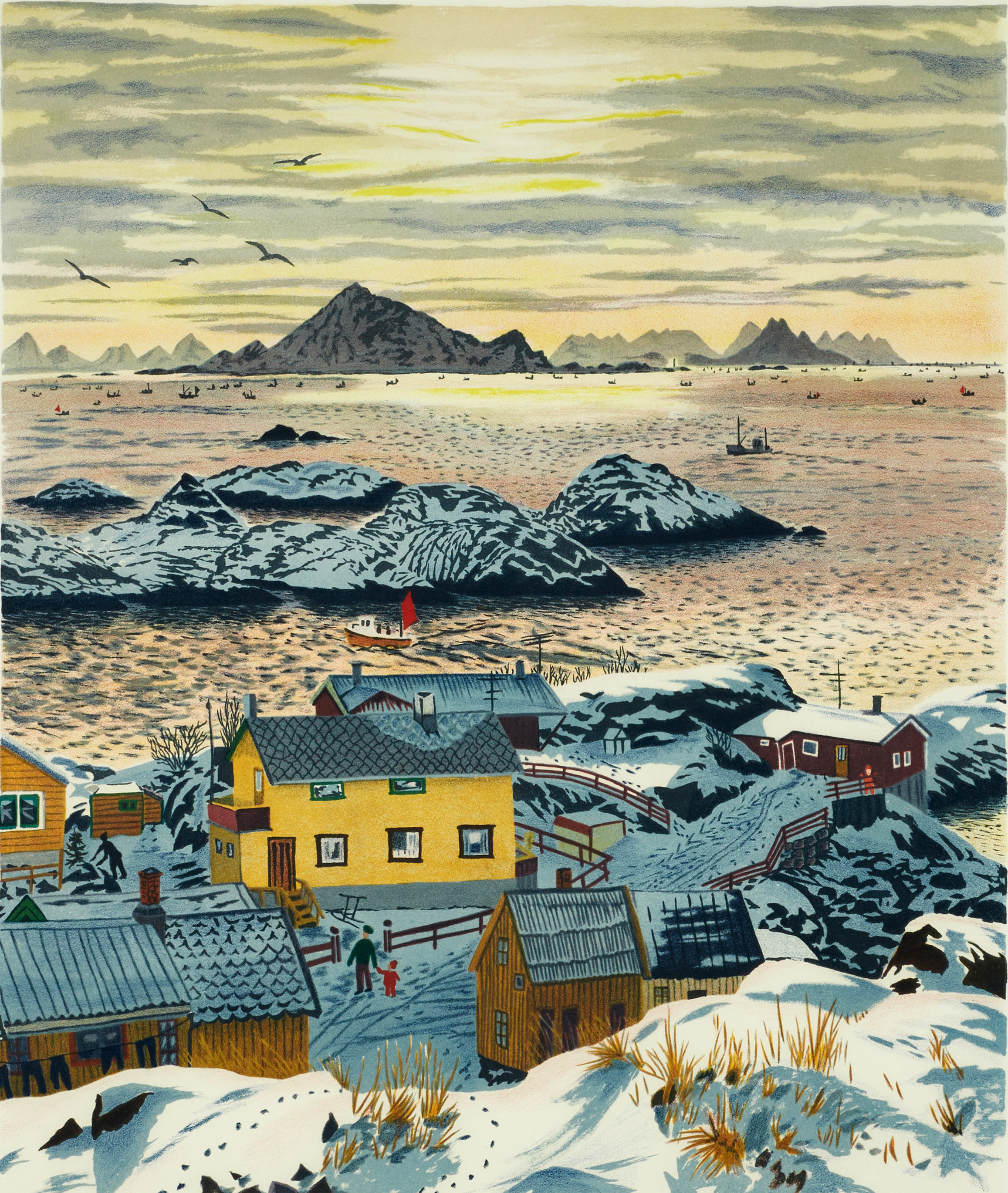 MONA HUSS WALIN. "Vintersol", motiv från Lofoten, signerad och daterad 1985, numrerad 286/380, litografi.