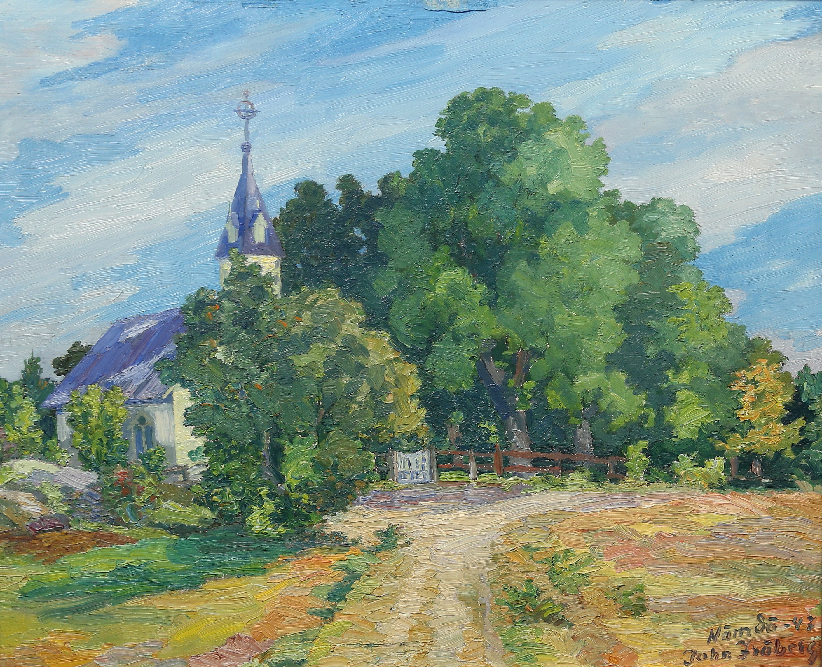 JOHN FRÖBERG. olja på pannå, Nämdö, signerad samt daterad.