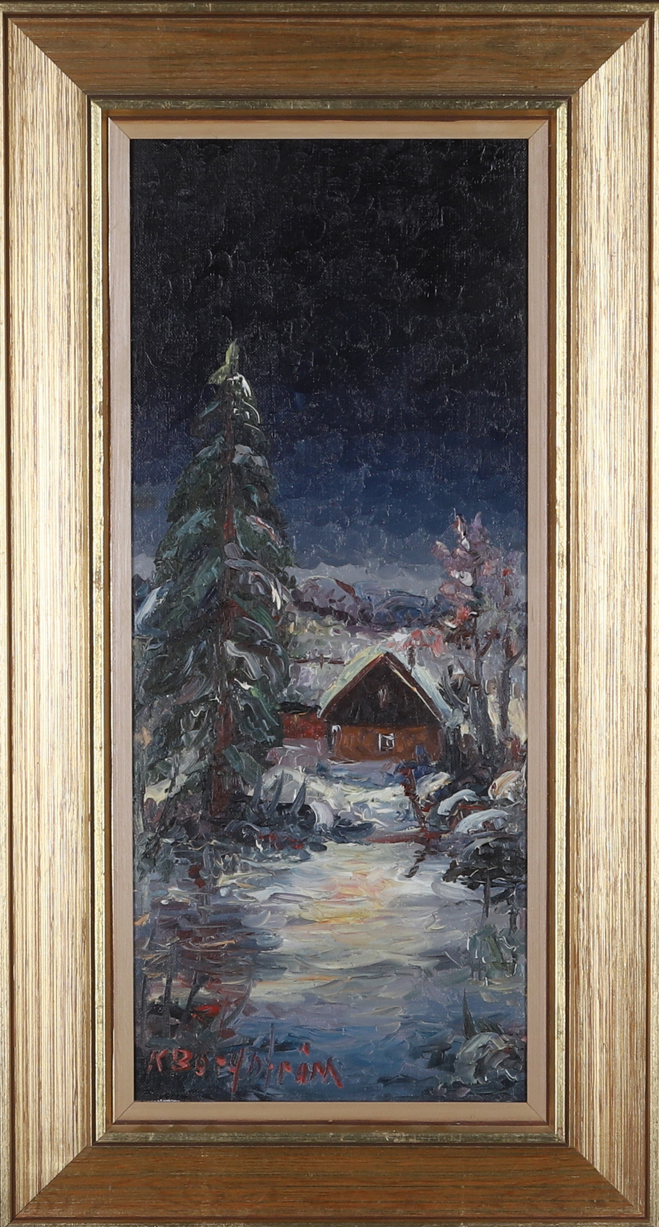 KARIN BORGSTRÖM. Olja på duk, vinternatt, signerad K Borgström.