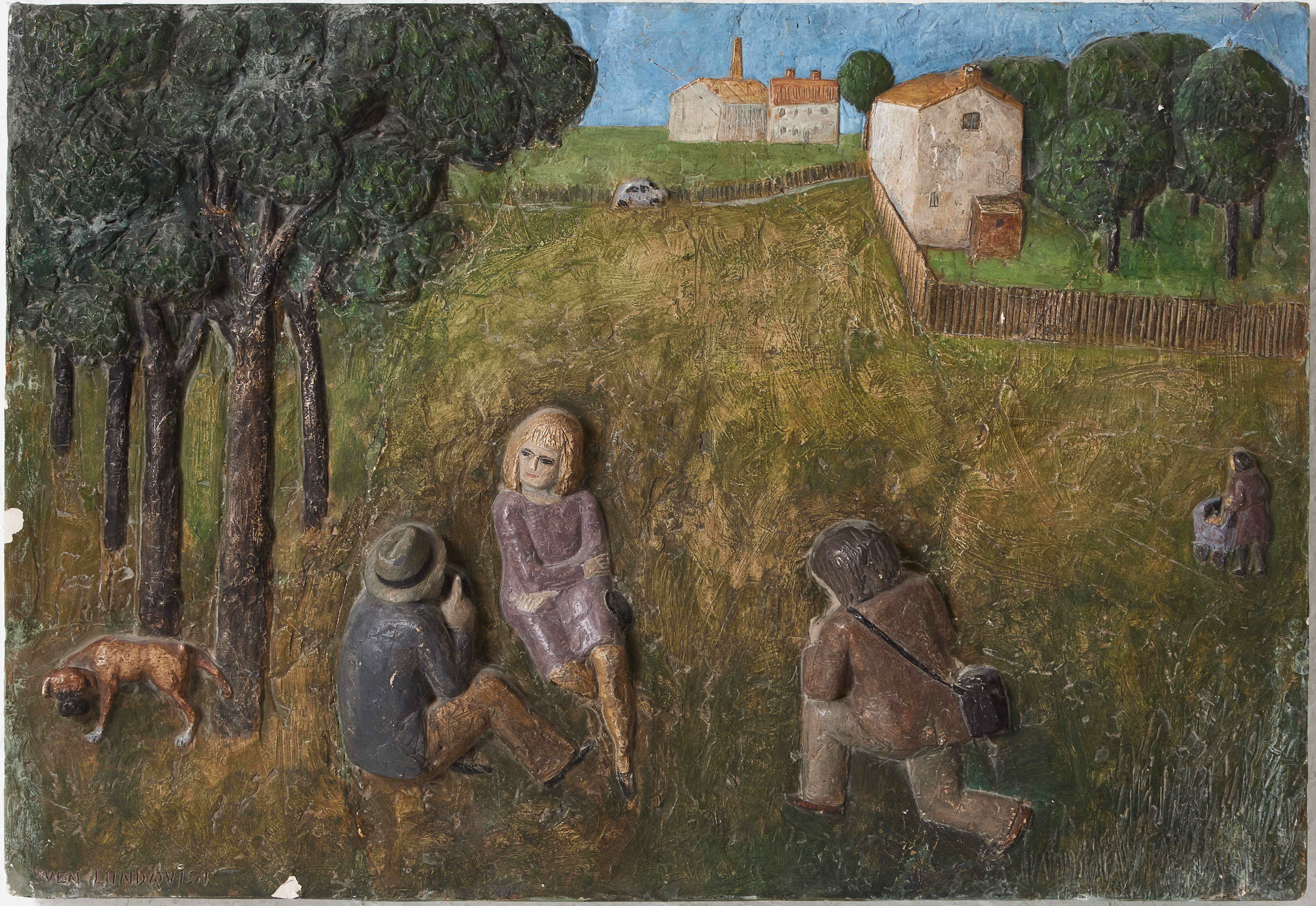 SVEN LUNDQVIST (1918-2010). Landskap med figurer, bemålad gipsrelief.