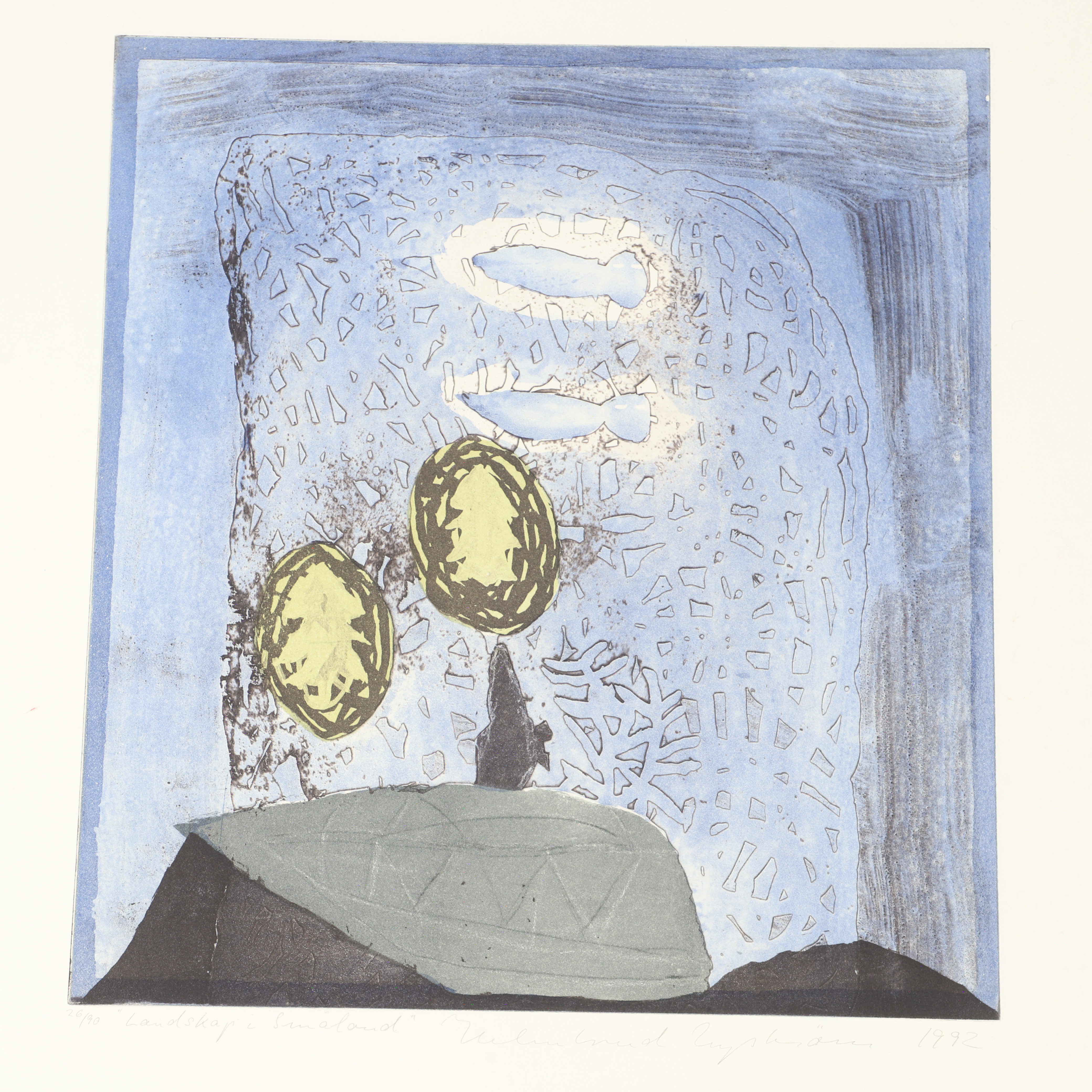 HELMTRUD NYSTRÖM. "Landskap i Småland", etsning, 26/90, signerad, 1992.