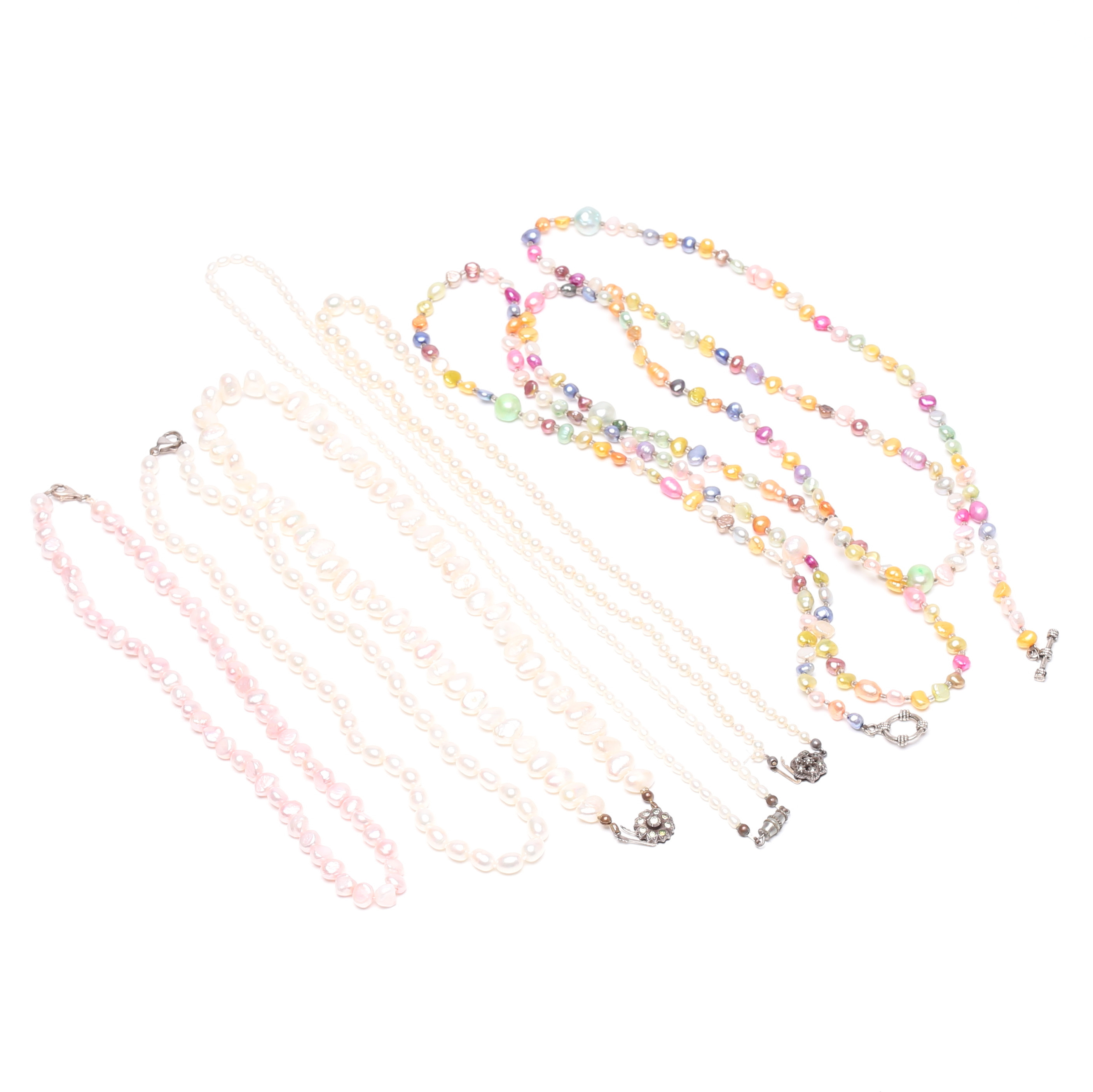 COLLIER, 6 st, pärlor, 4 lås i silver.